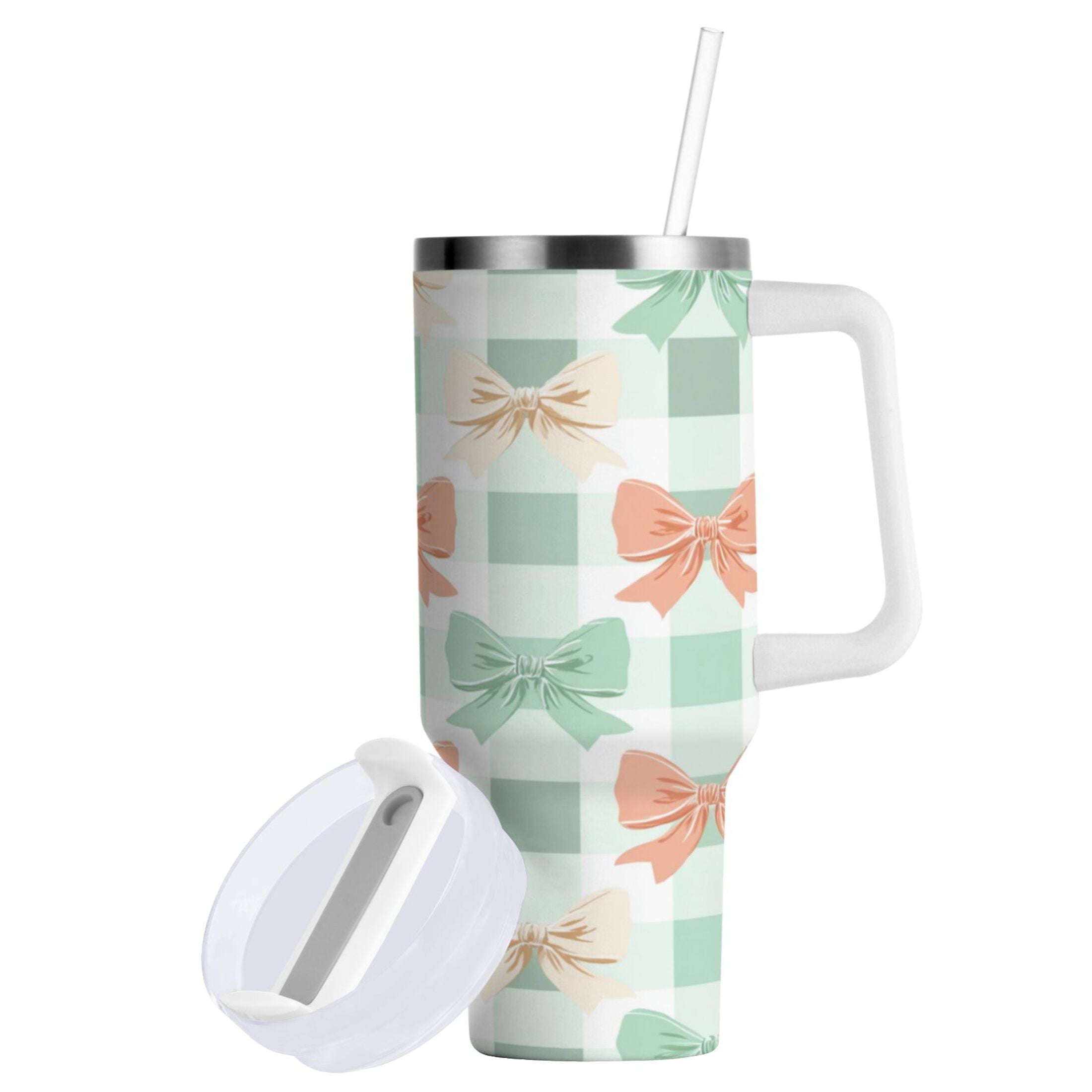 40 oz Insulated Stainless Steel Tumbler Double Wall Stainless Steel Tumbler with 2-Way Drinking Green and Peach Bow Pattern M544A
