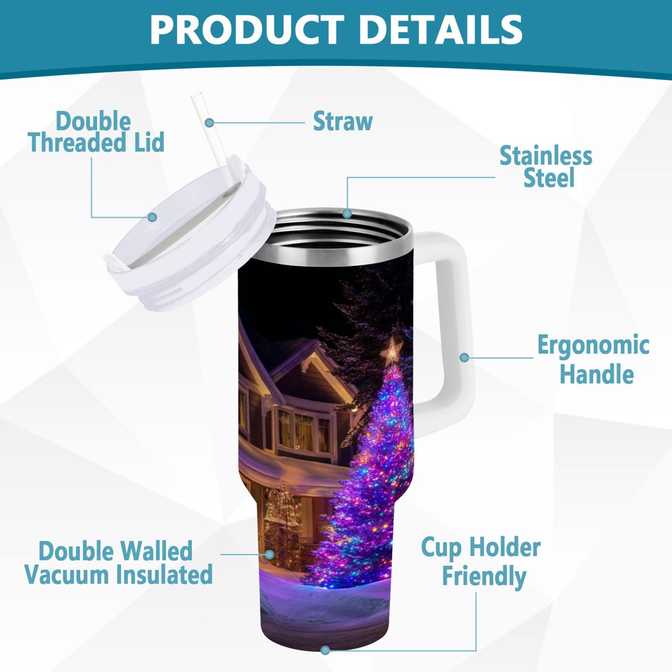 40 oz Insulated Stainless Steel Tumbler Double Wall Stainless Steel Tumbler with 2-Way Drinking Christmas Trees with Lights M664N