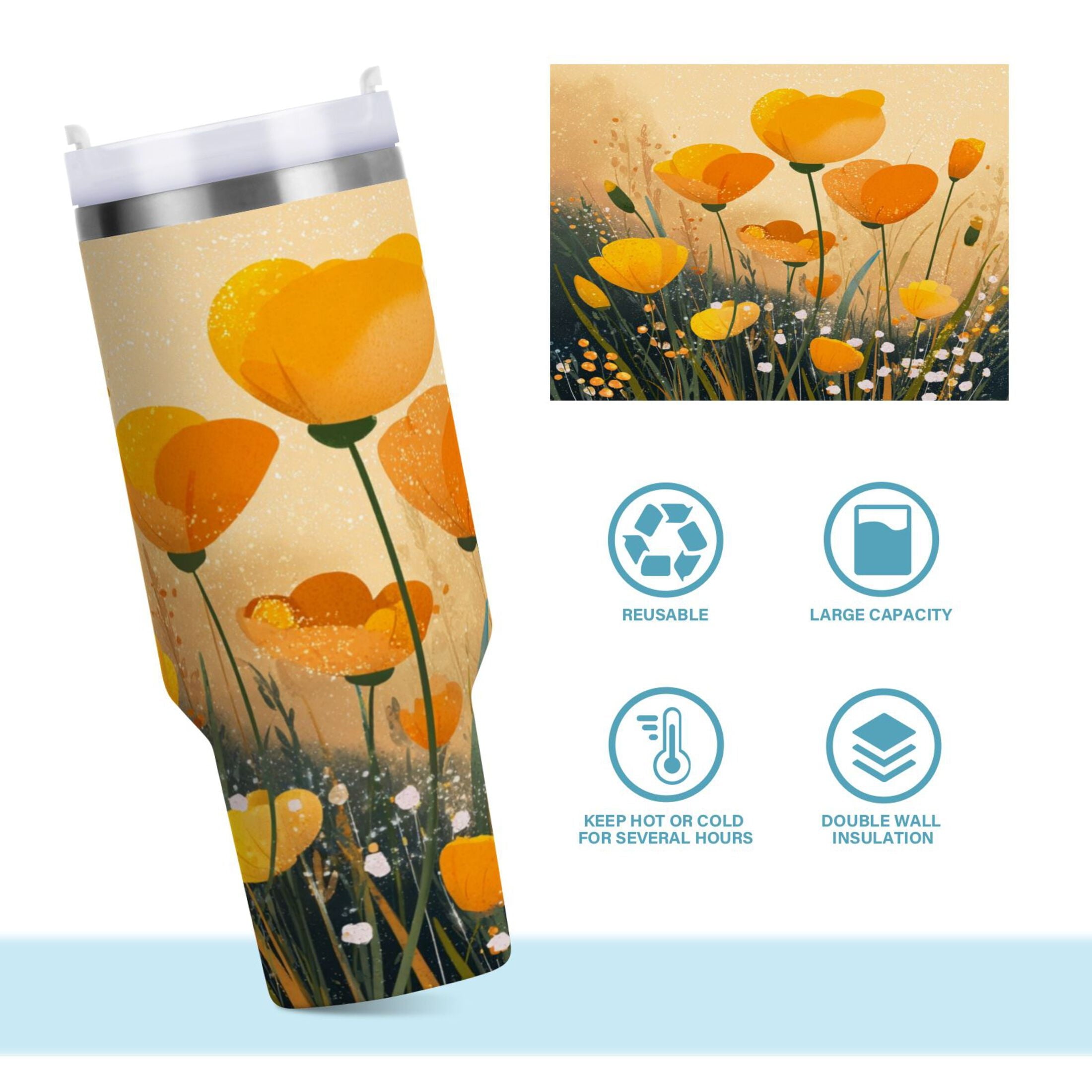 30 oz Insulated Stainless Steel Tumbler Double Wall Stainless Steel Tumbler with 2-Way Drinking Yellow Flowers on The Grass M594P