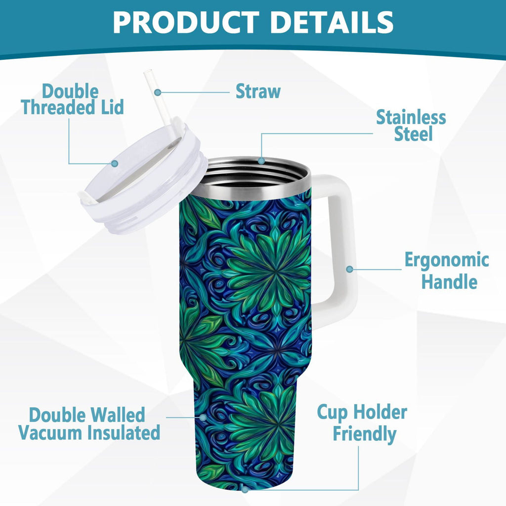 40 oz Insulated Stainless Steel Tumbler Double Wall Stainless Steel Tumbler with 2-Way Drinking Elegant Blue Traditional Patterns M603U