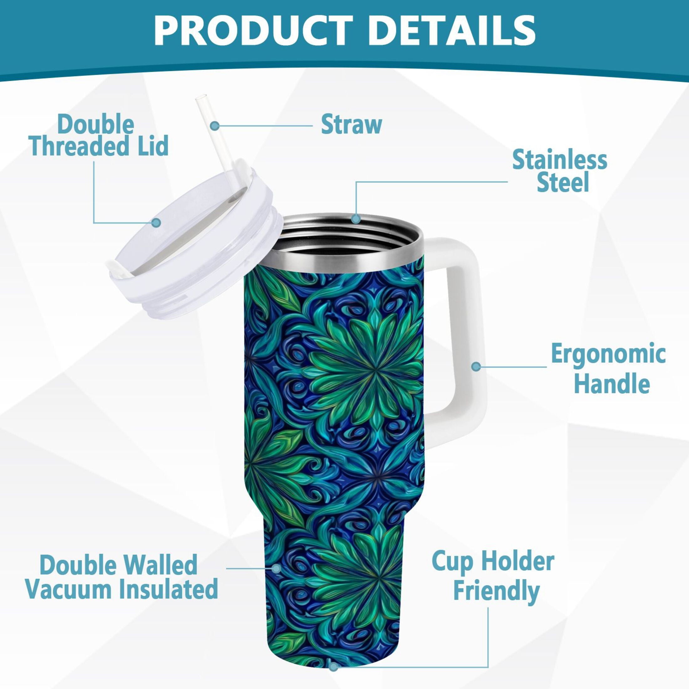 40 oz Insulated Stainless Steel Tumbler Double Wall Stainless Steel Tumbler with 2-Way Drinking Elegant Blue Traditional Patterns M603U