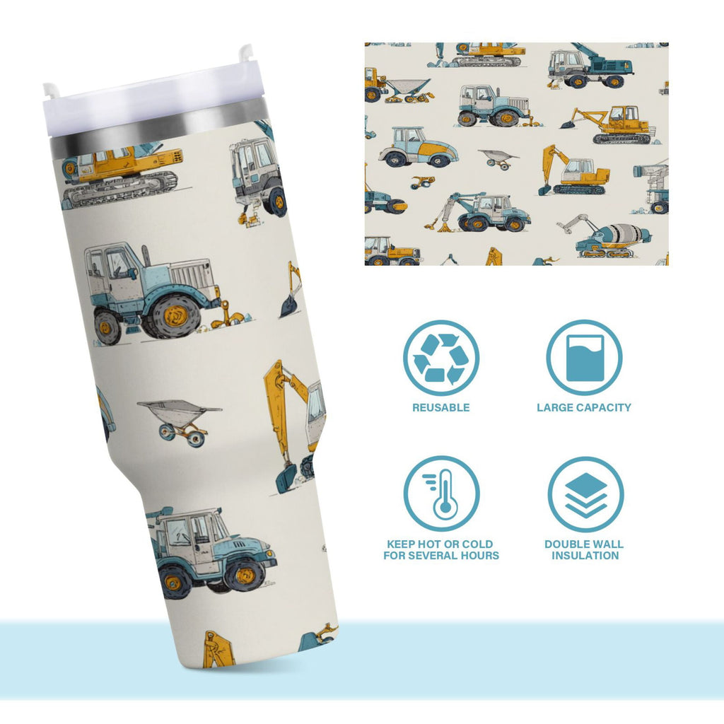 30 oz Insulated Stainless Steel Tumbler Double Wall Stainless Steel Tumbler with 2-Way Drinking Engineering Vehicle Pattern M653U