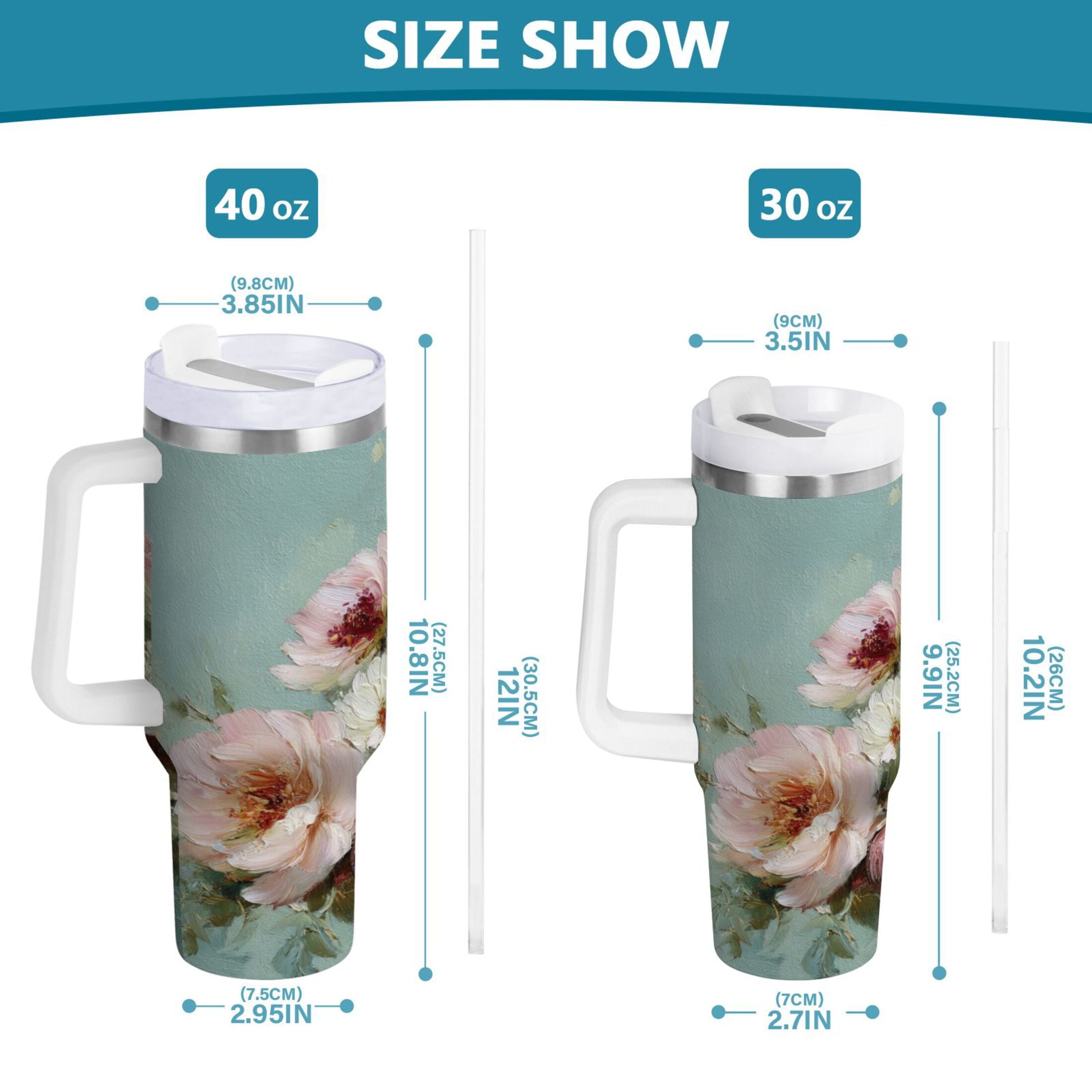 40 oz Insulated Stainless Steel Tumbler Double Wall Stainless Steel Tumbler with 2-Way Drinking Vintage Peonies and Daisies M677X