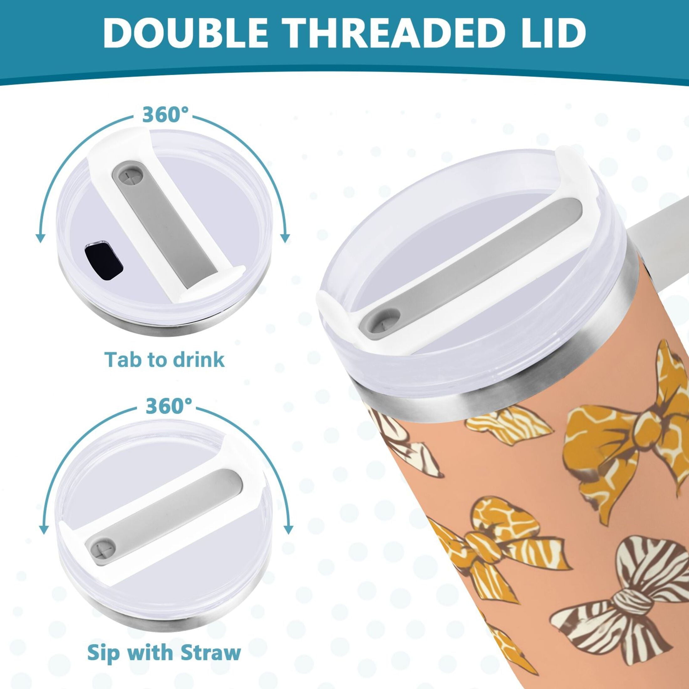 40 oz Insulated Stainless Steel Tumbler Double Wall Stainless Steel Tumbler with 2-Way Drinking Cute Animal Print Bows M678A