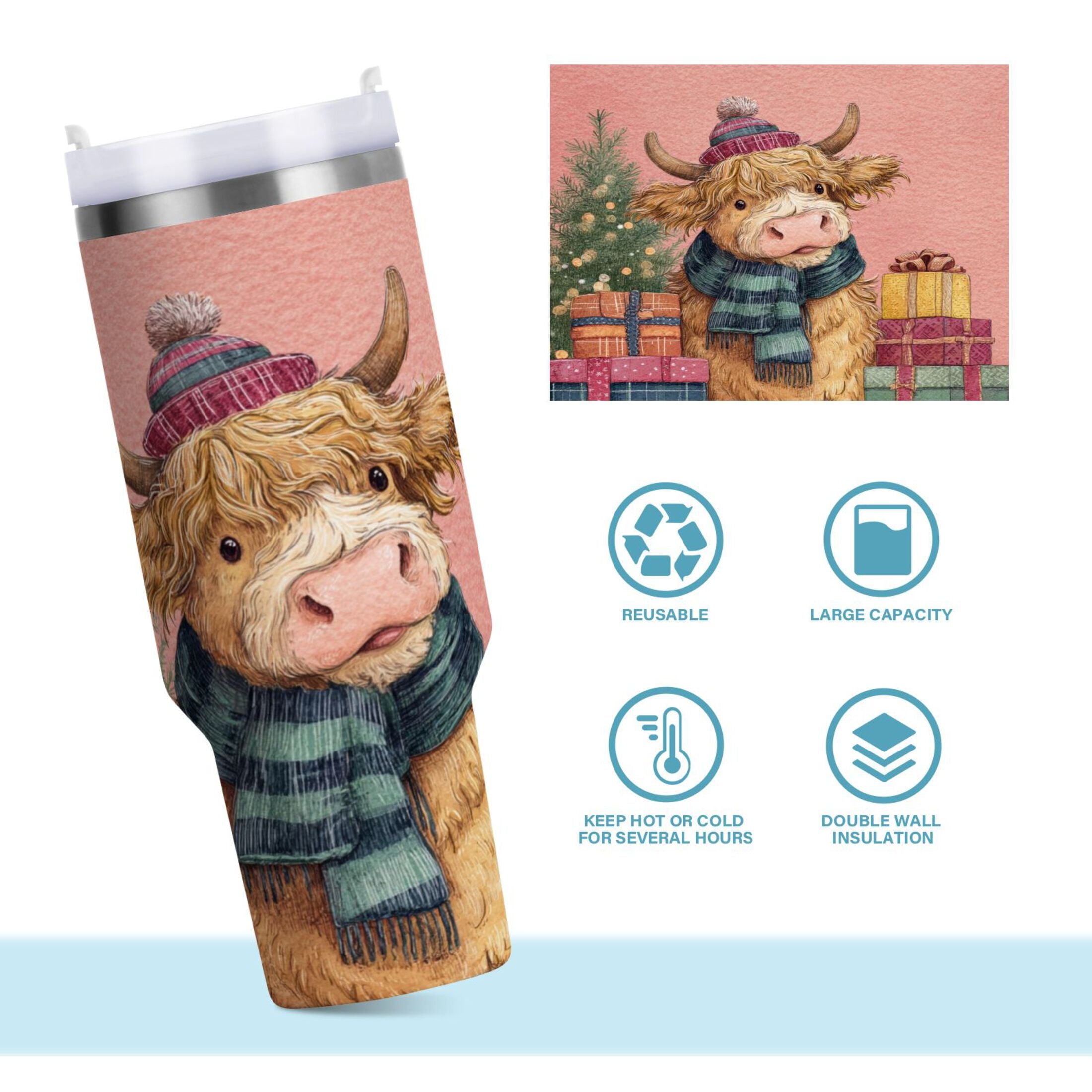 30 oz Insulated Stainless Steel Tumbler Double Wall Stainless Steel Tumbler with 2-Way Drinking Cow Wearing Scarf and Hat M663E