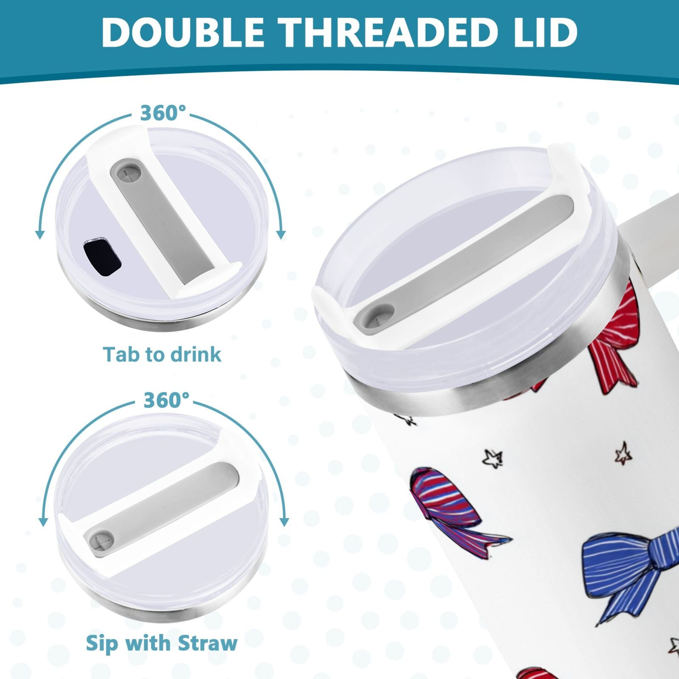 30 oz Insulated Stainless Steel Tumbler Double Wall Stainless Steel Tumbler with 2-Way Drinking Red and Blue Stripe Bows M656U
