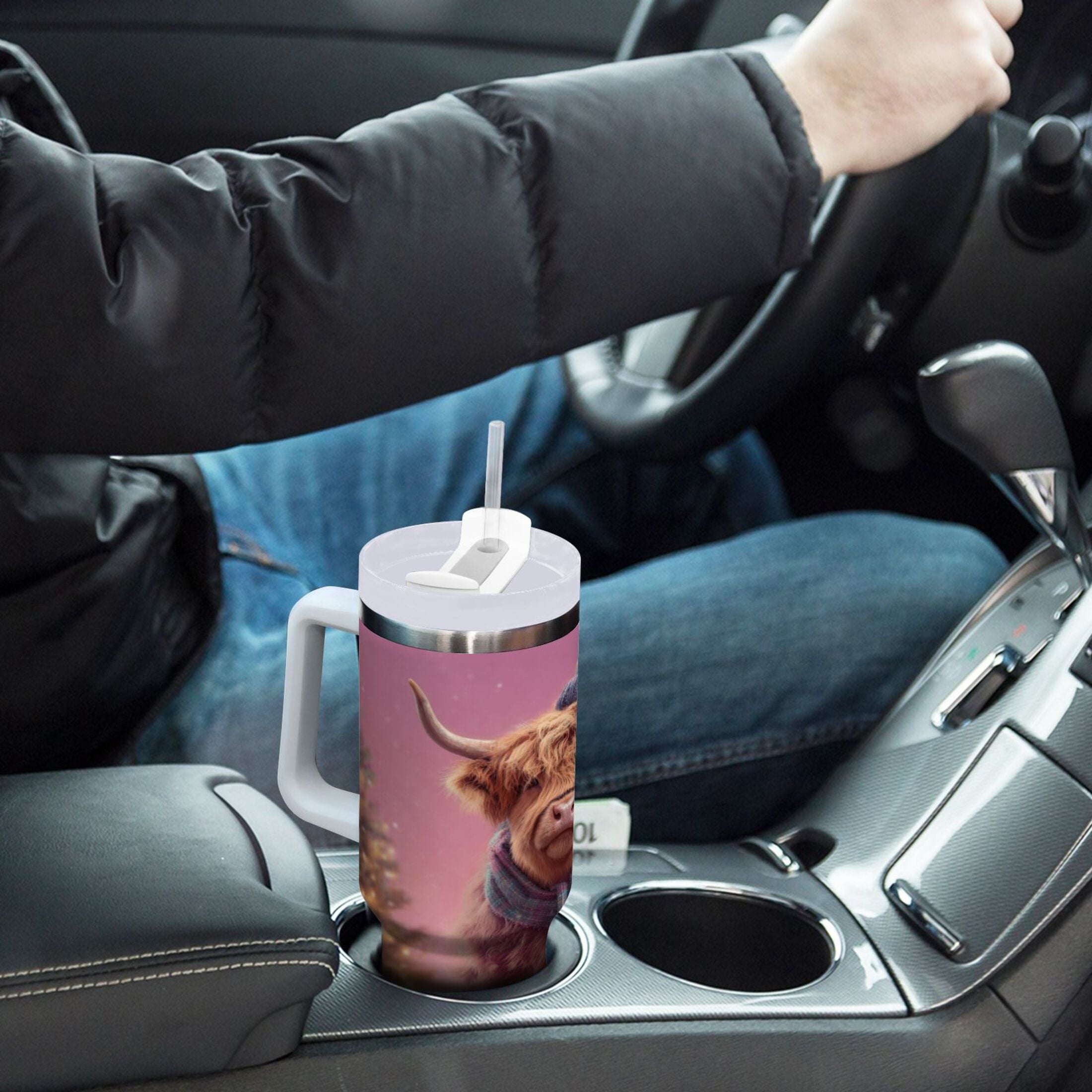 30 oz Insulated Stainless Steel Tumbler Double Wall Stainless Steel Tumbler with 2-Way Drinking Cow Wearing Christmas M626P