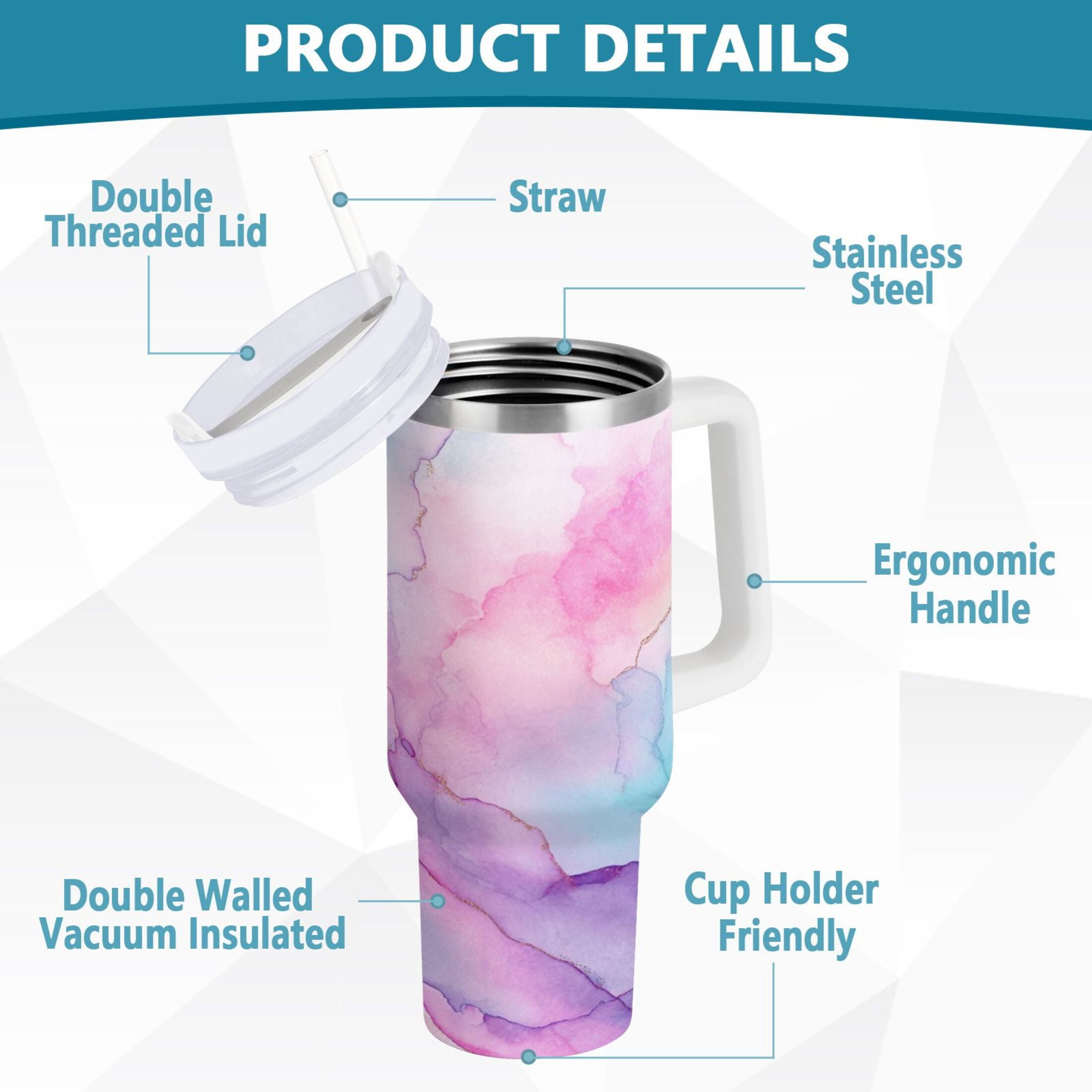 30 oz Insulated Stainless Steel Tumbler Double Wall Stainless Steel Tumbler with 2-Way Drinking Pastel Pink Marble Texture M614C