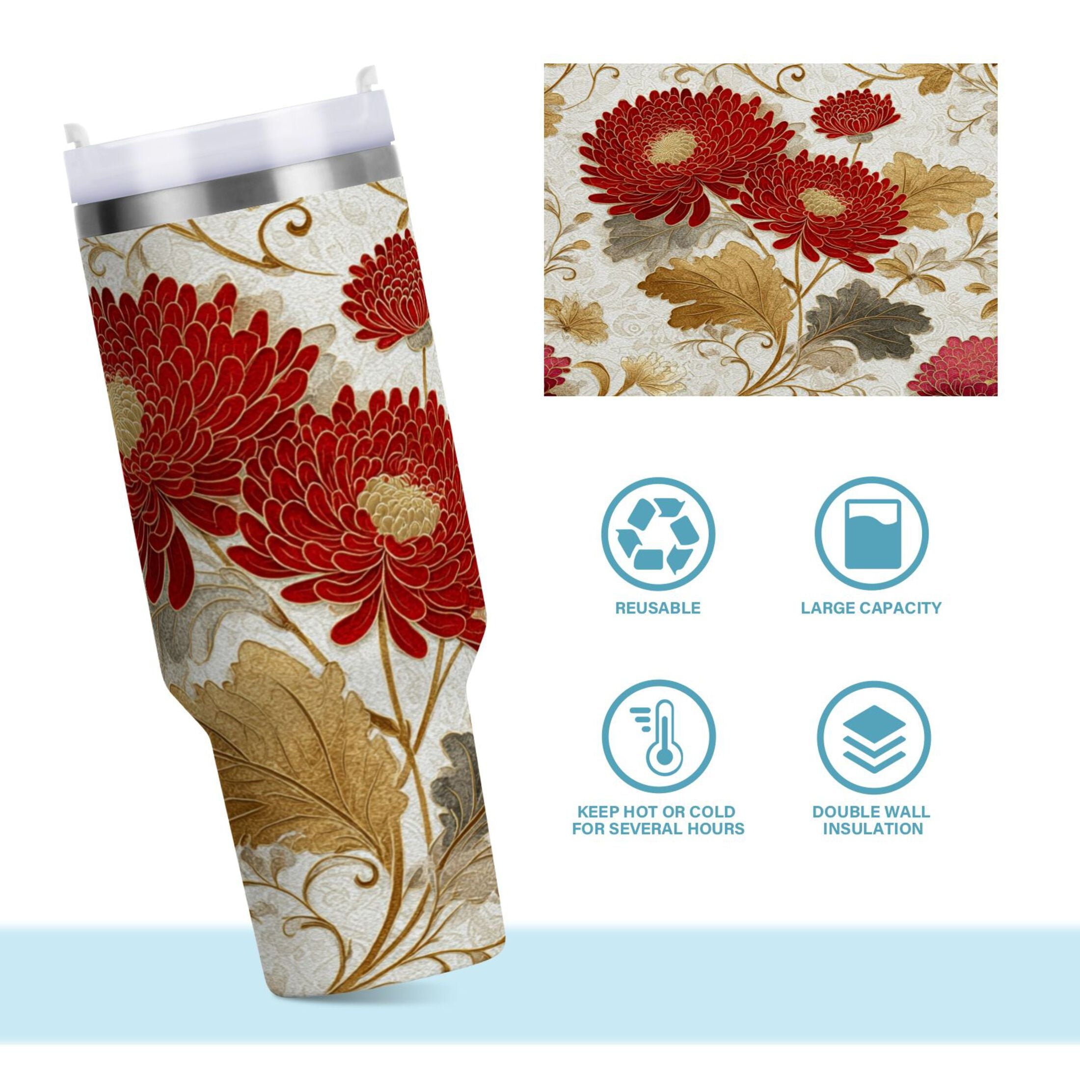 30 oz Insulated Stainless Steel Tumbler Double Wall Stainless Steel Tumbler with 2-Way Drinking Red Chrysanthemum Pattern M676A
