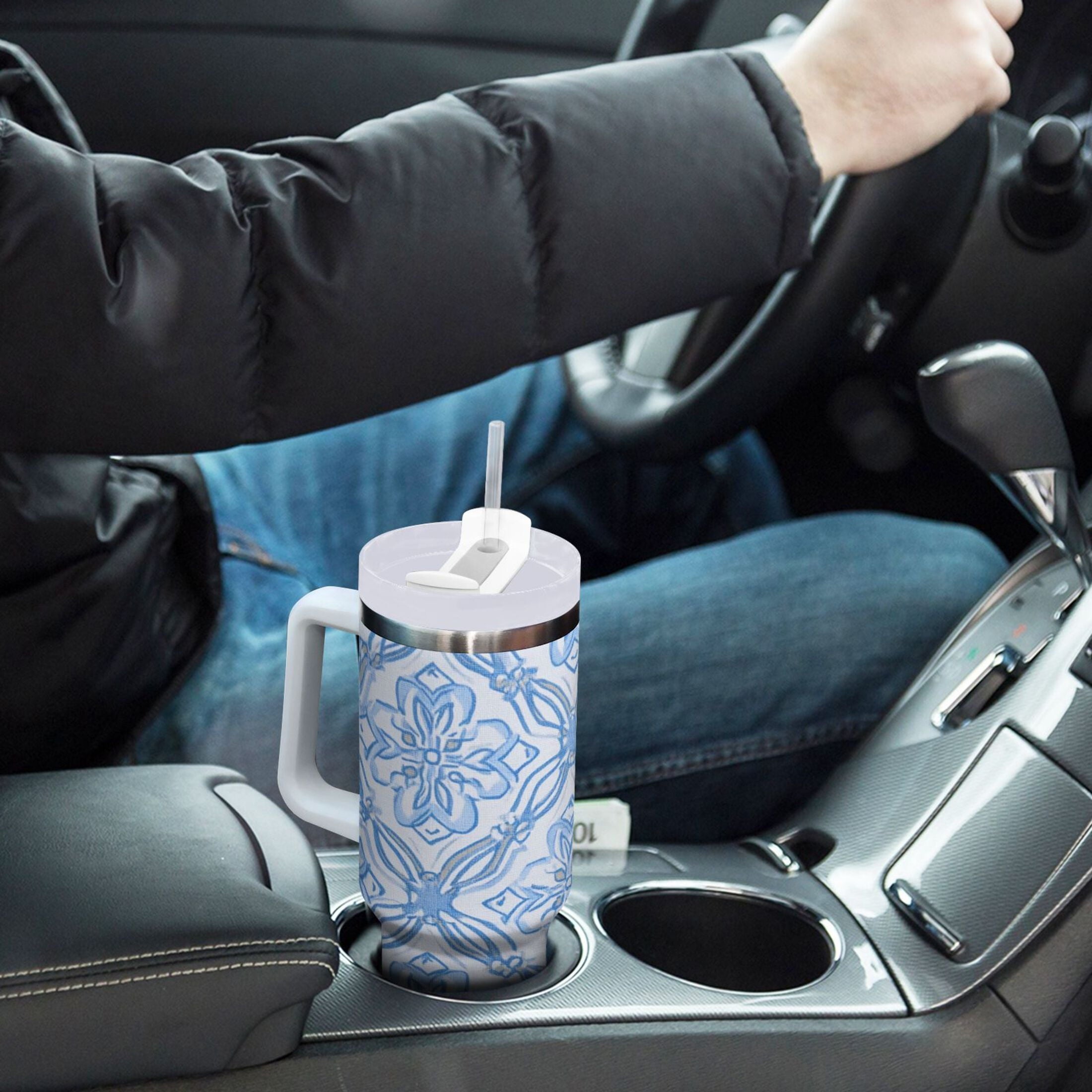 30 oz Insulated Stainless Steel Tumbler Double Wall Stainless Steel Tumbler with 2-Way Drinking Blue Elegant Geometric Design M623G
