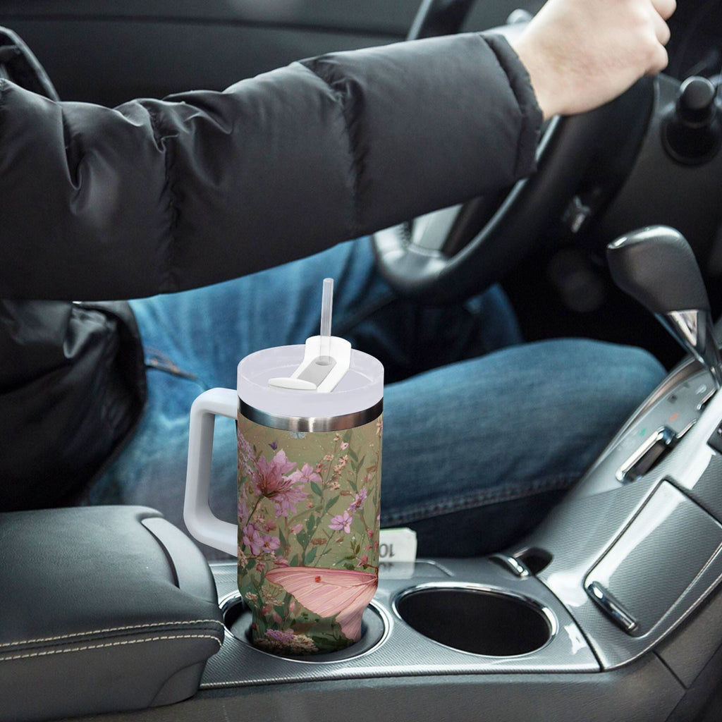 30 oz Insulated Stainless Steel Tumbler Double Wall Stainless Steel Tumbler with 2-Way Drinking Delicate Butterfly M643U