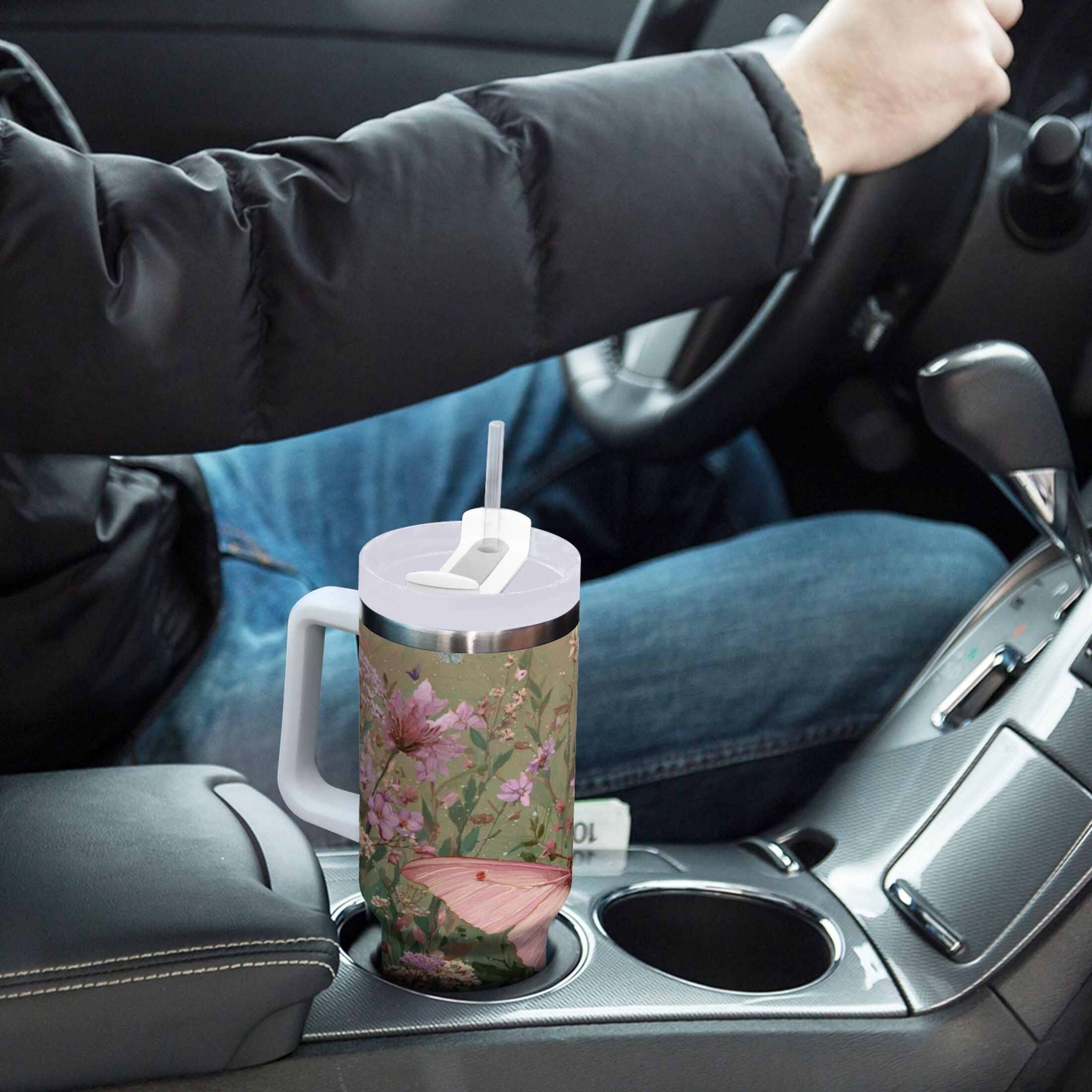 30 oz Insulated Stainless Steel Tumbler Double Wall Stainless Steel Tumbler with 2-Way Drinking Delicate Butterfly M643U
