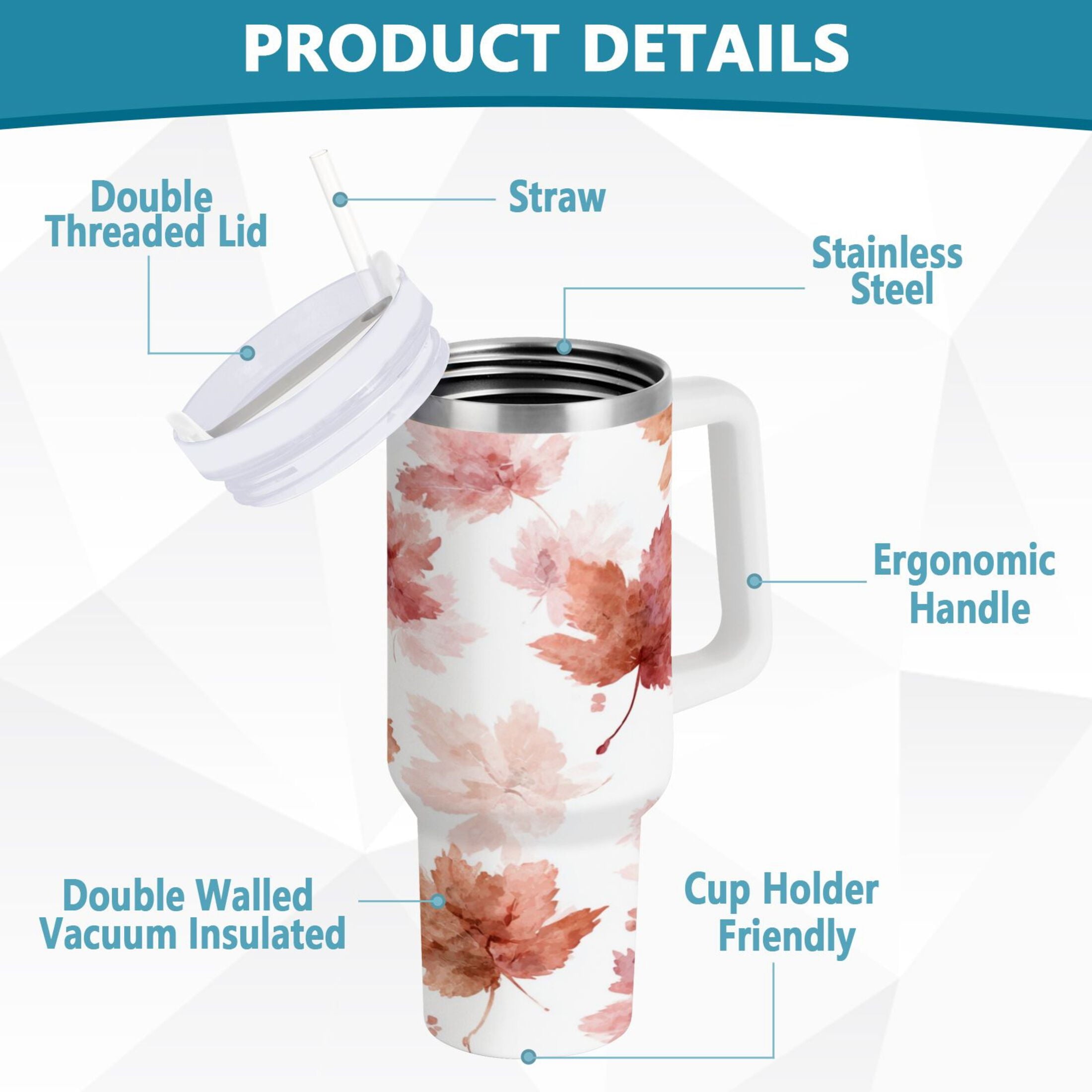 30 oz Insulated Stainless Steel Tumbler Double Wall Stainless Steel Tumbler with 2-Way Drinking Watercolor Pink Maple Leaves M624Q