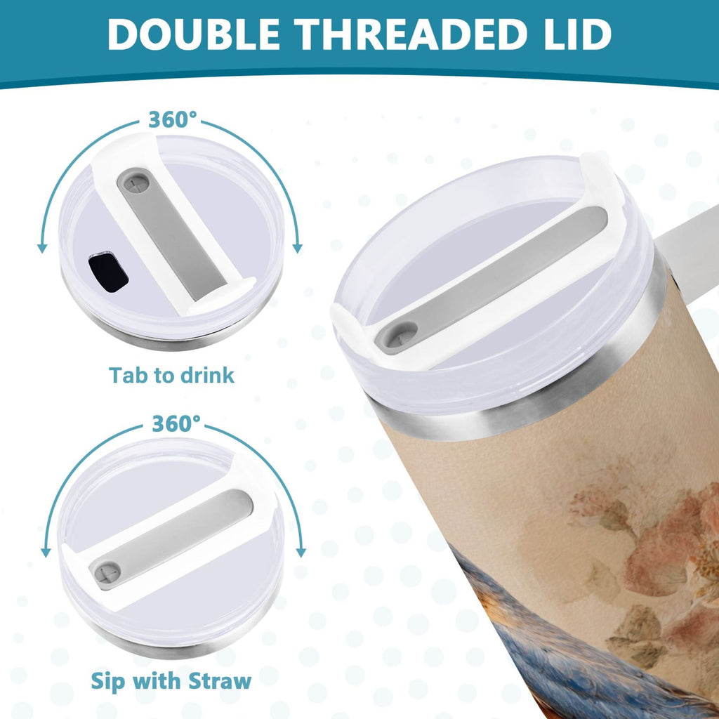 40 oz Insulated Stainless Steel Tumbler Double Wall Stainless Steel Tumbler with 2-Way Drinking Bluebird and Ancient Flowers M574N