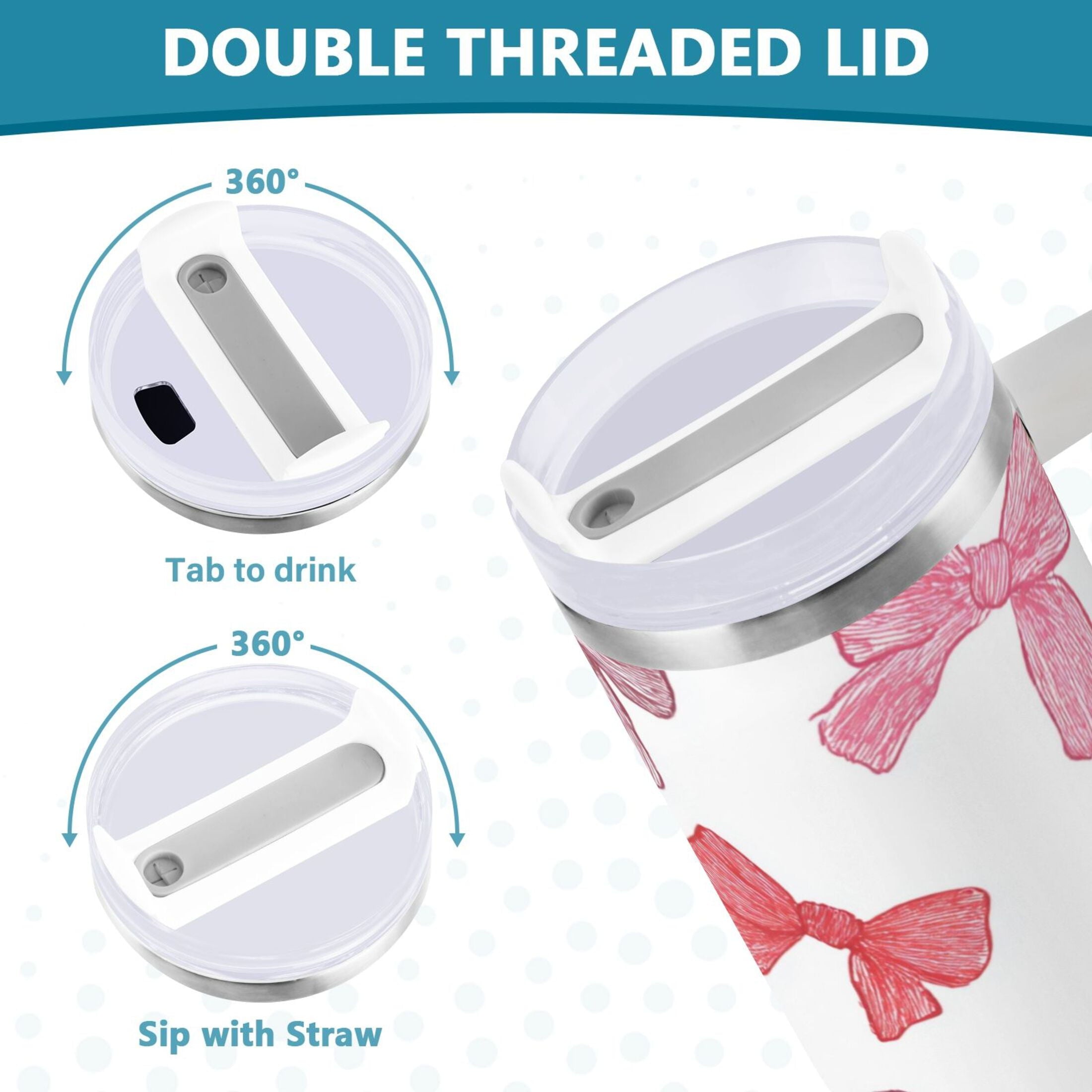 40 oz Insulated Stainless Steel Tumbler Double Wall Stainless Steel Tumbler with 2-Way Drinking Pink Bows Pattern M570E
