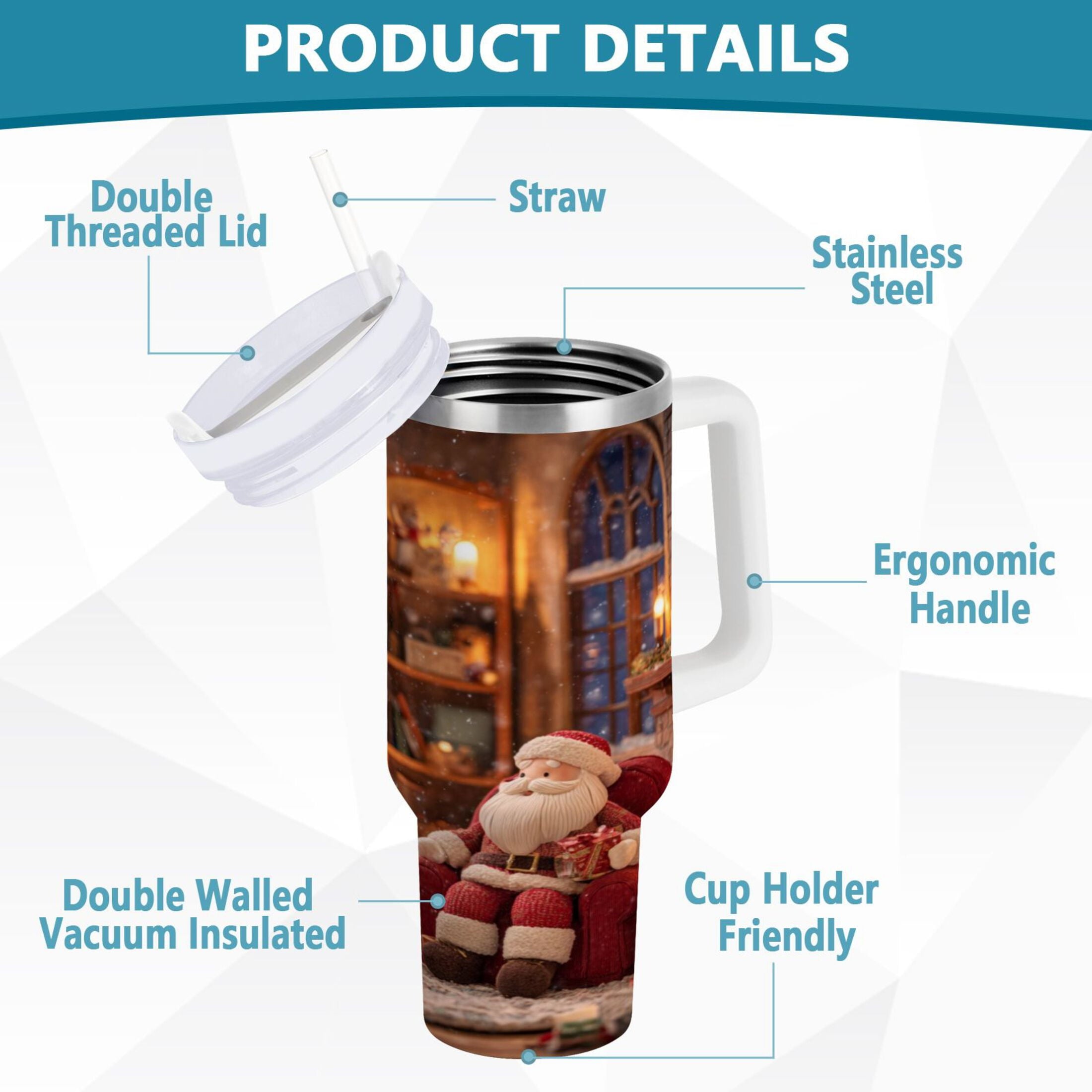 40 oz Insulated Stainless Steel Tumbler Double Wall Stainless Steel Tumbler with 2-Way Drinking Sitting Santa Claus M635F