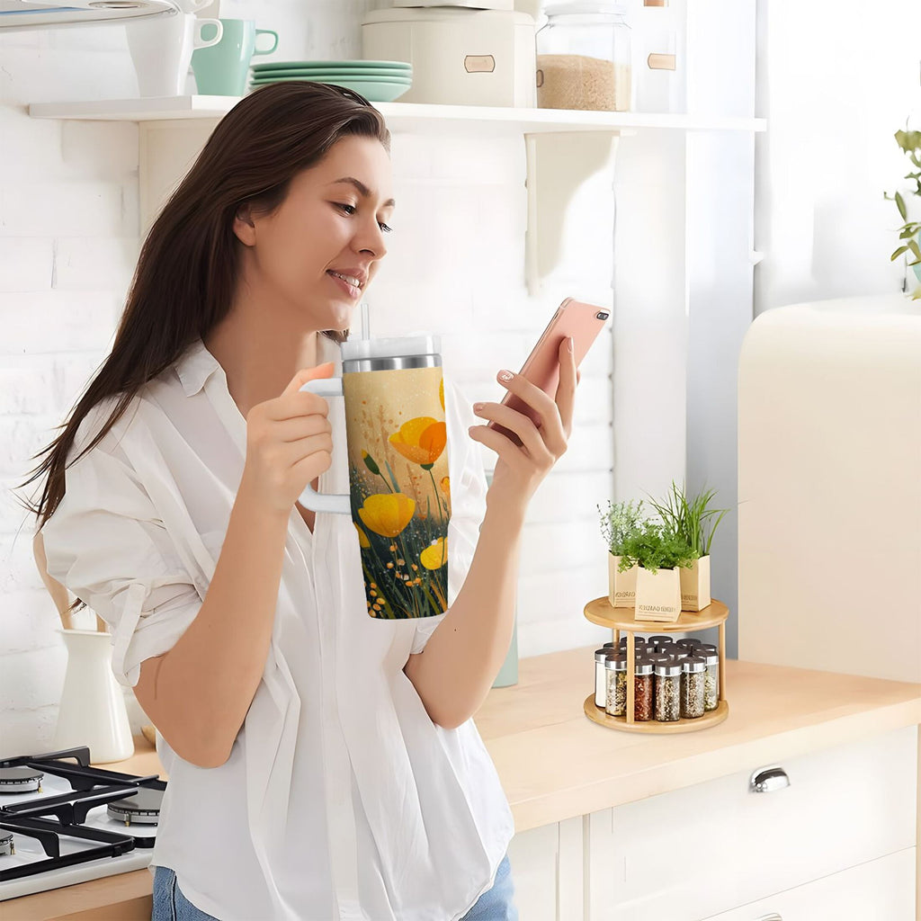 30 oz Insulated Stainless Steel Tumbler Double Wall Stainless Steel Tumbler with 2-Way Drinking Yellow Flowers on The Grass M594P