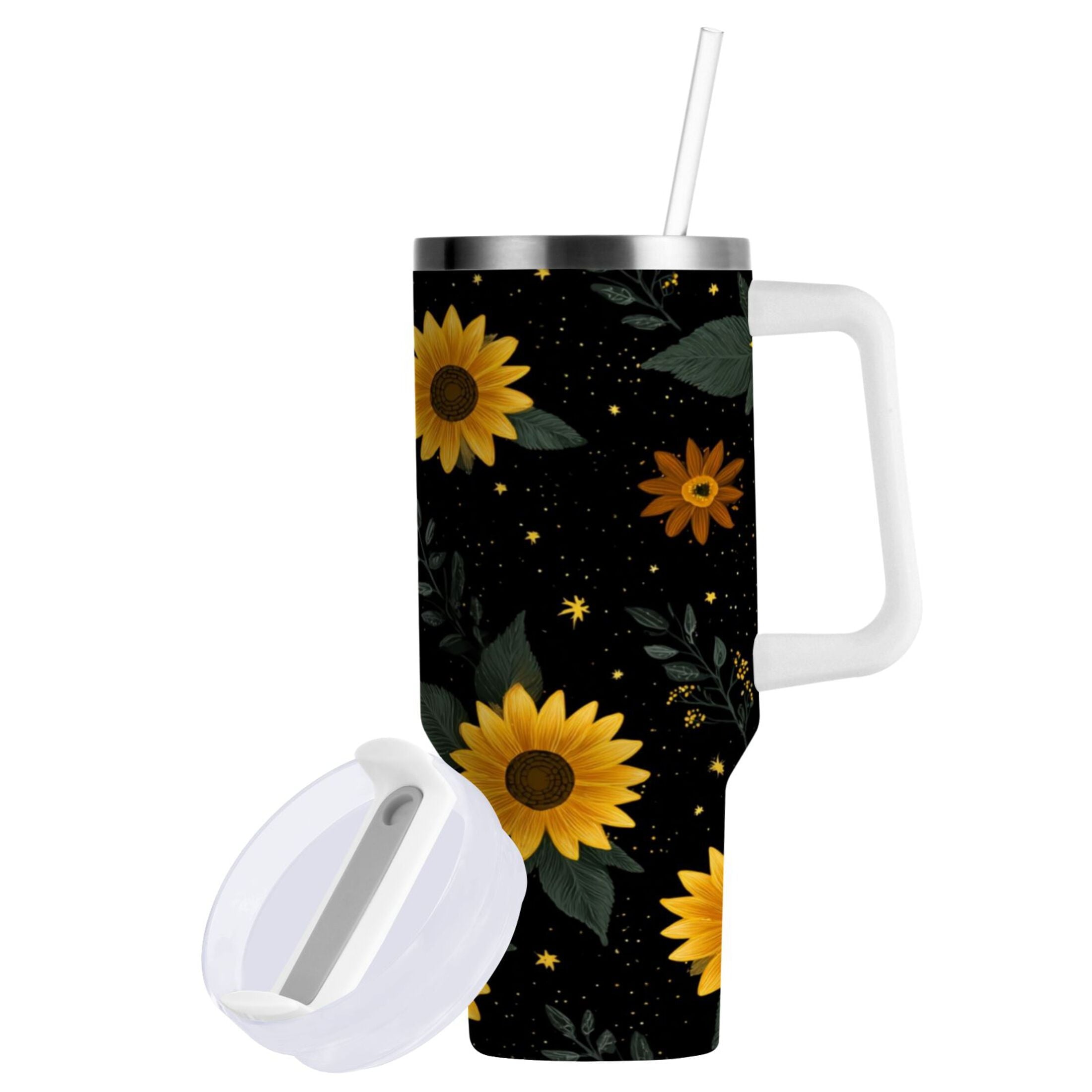 30 oz Insulated Stainless Steel Tumbler Double Wall Stainless Steel Tumbler with 2-Way Drinking Yellow Sunflower Pattern M532S