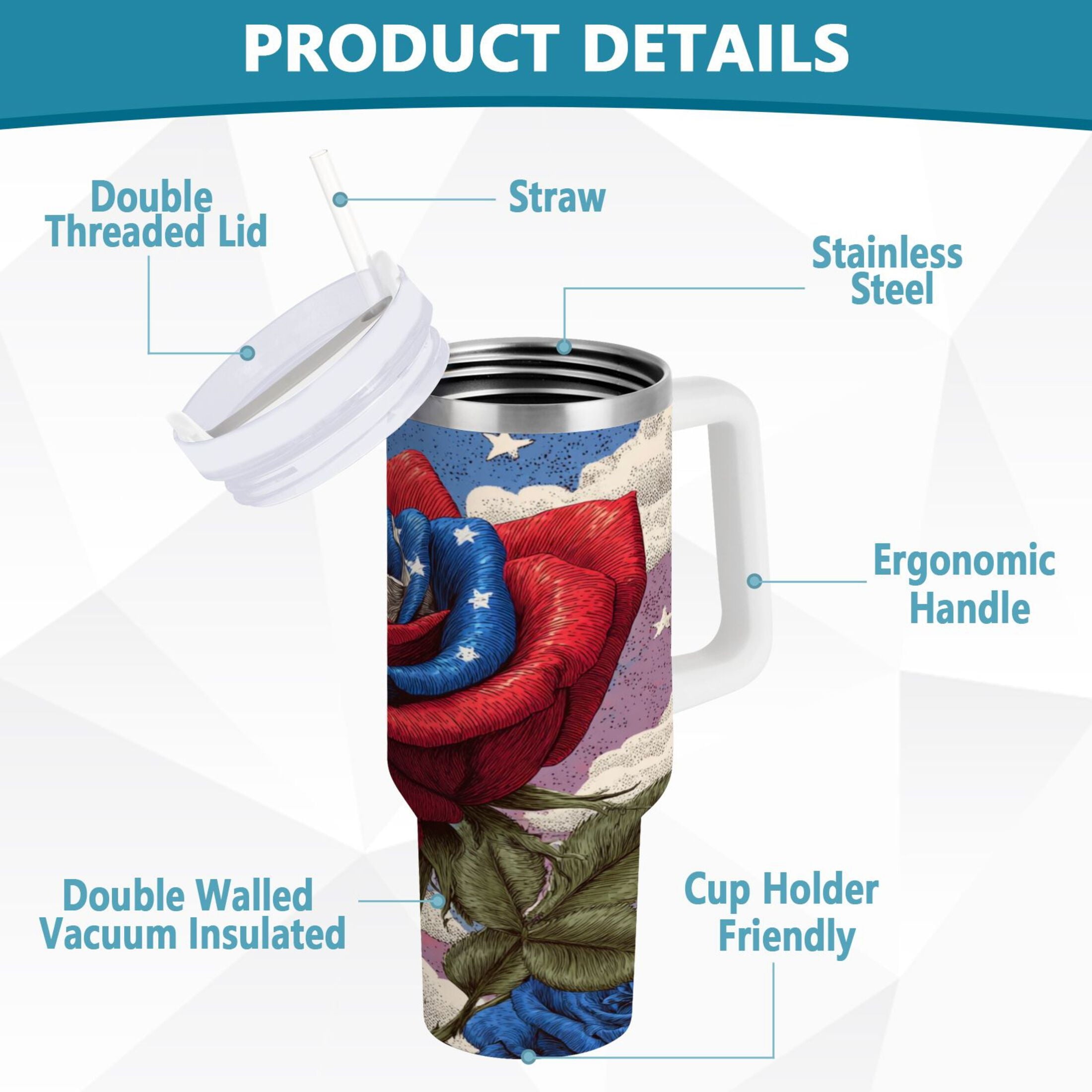 40 oz Insulated Stainless Steel Tumbler Double Wall Stainless Steel Tumbler with 2-Way Drinking Roses and Clouds M523D