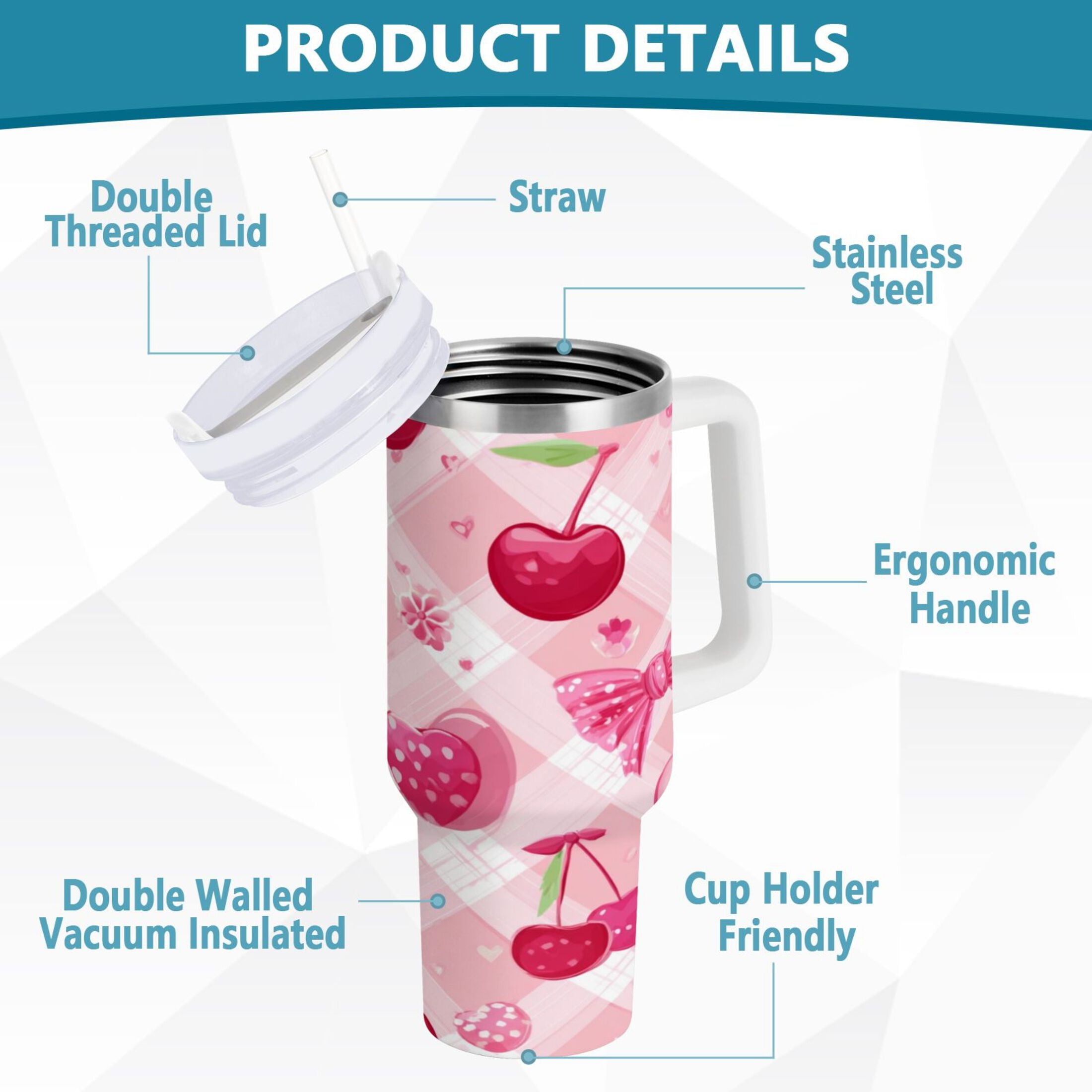 30 oz Insulated Stainless Steel Tumbler Double Wall Stainless Steel Tumbler with 2-Way Drinking Cherry and Pink Bow Pattern M617L