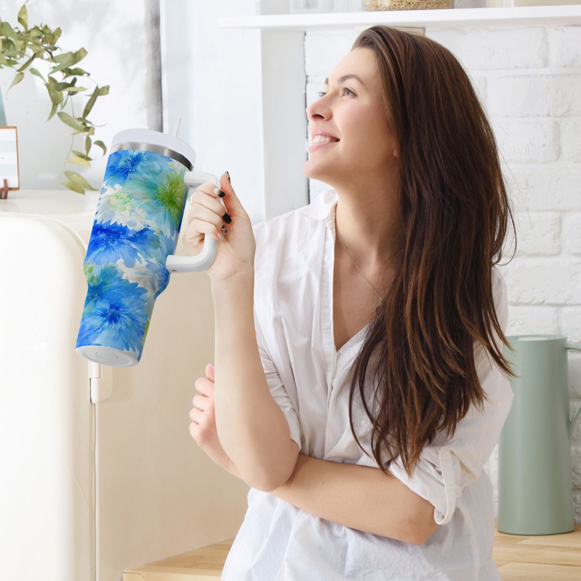 40 oz Insulated Stainless Steel Tumbler Double Wall Stainless Steel Tumbler with 2-Way Drinking Watercolor Blue Cornflowers M567D