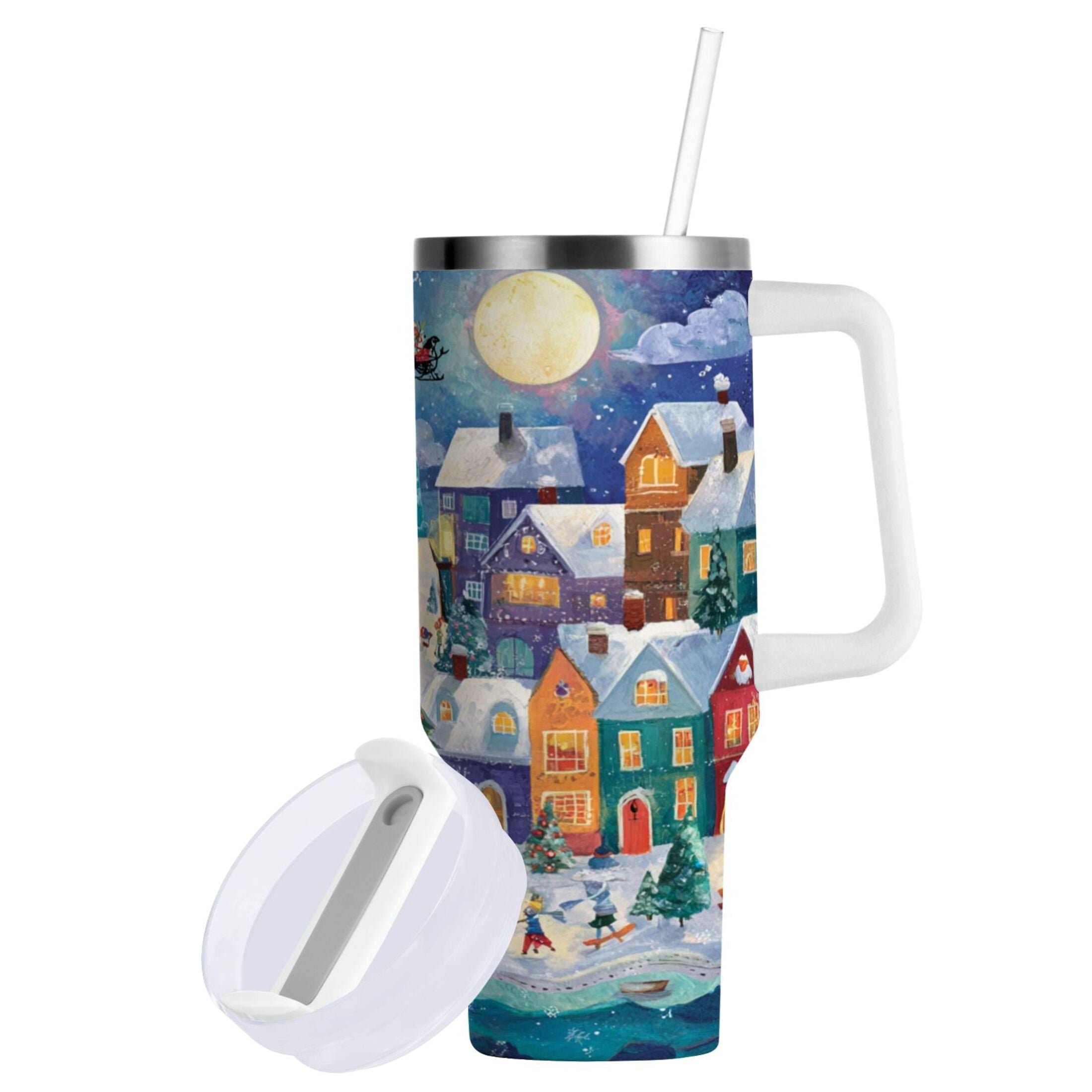 30 oz Insulated Stainless Steel Tumbler Double Wall Stainless Steel Tumbler with 2-Way Drinking Charming Christmas Scene M546F