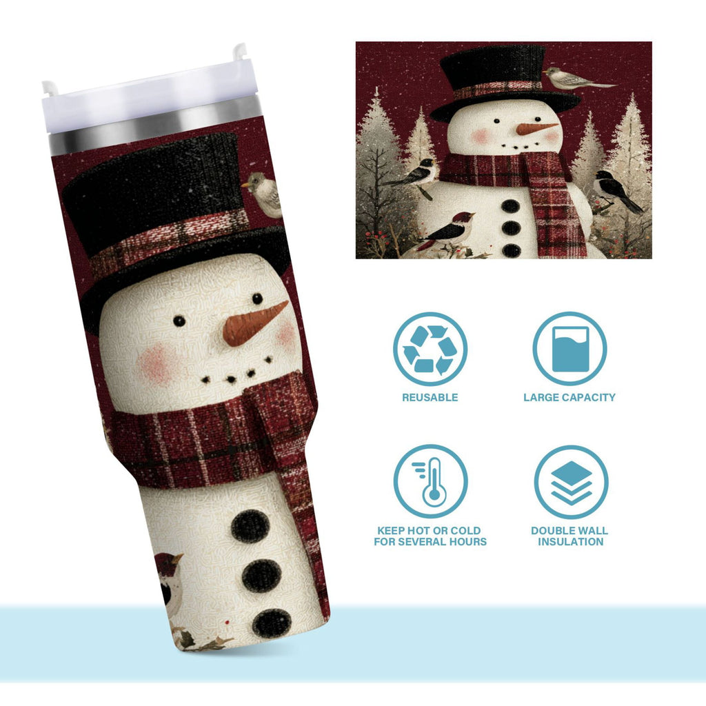 30 oz Insulated Stainless Steel Tumbler Double Wall Stainless Steel Tumbler with 2-Way Drinking Snowman and Birds M637R