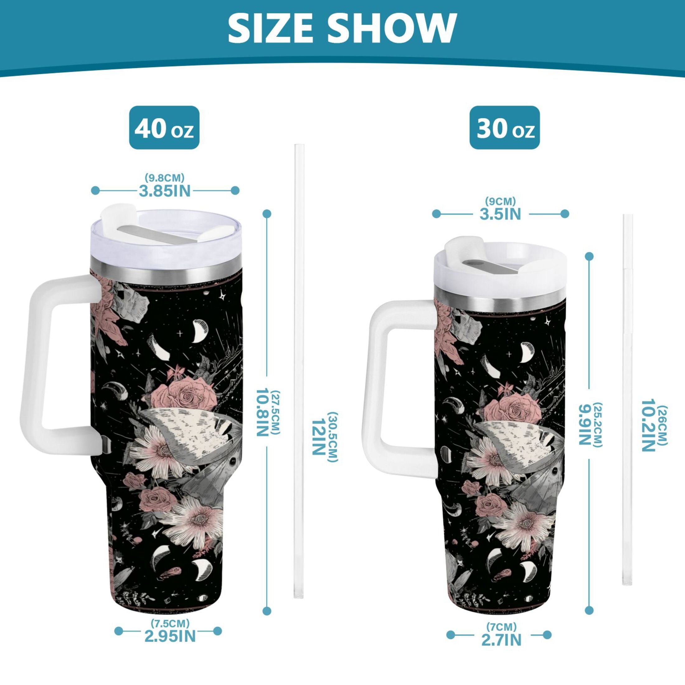 40 oz Insulated Stainless Steel Tumbler Double Wall Stainless Steel Tumbler with 2-Way Drinking Butterfly Surrounded by Flowers M640R