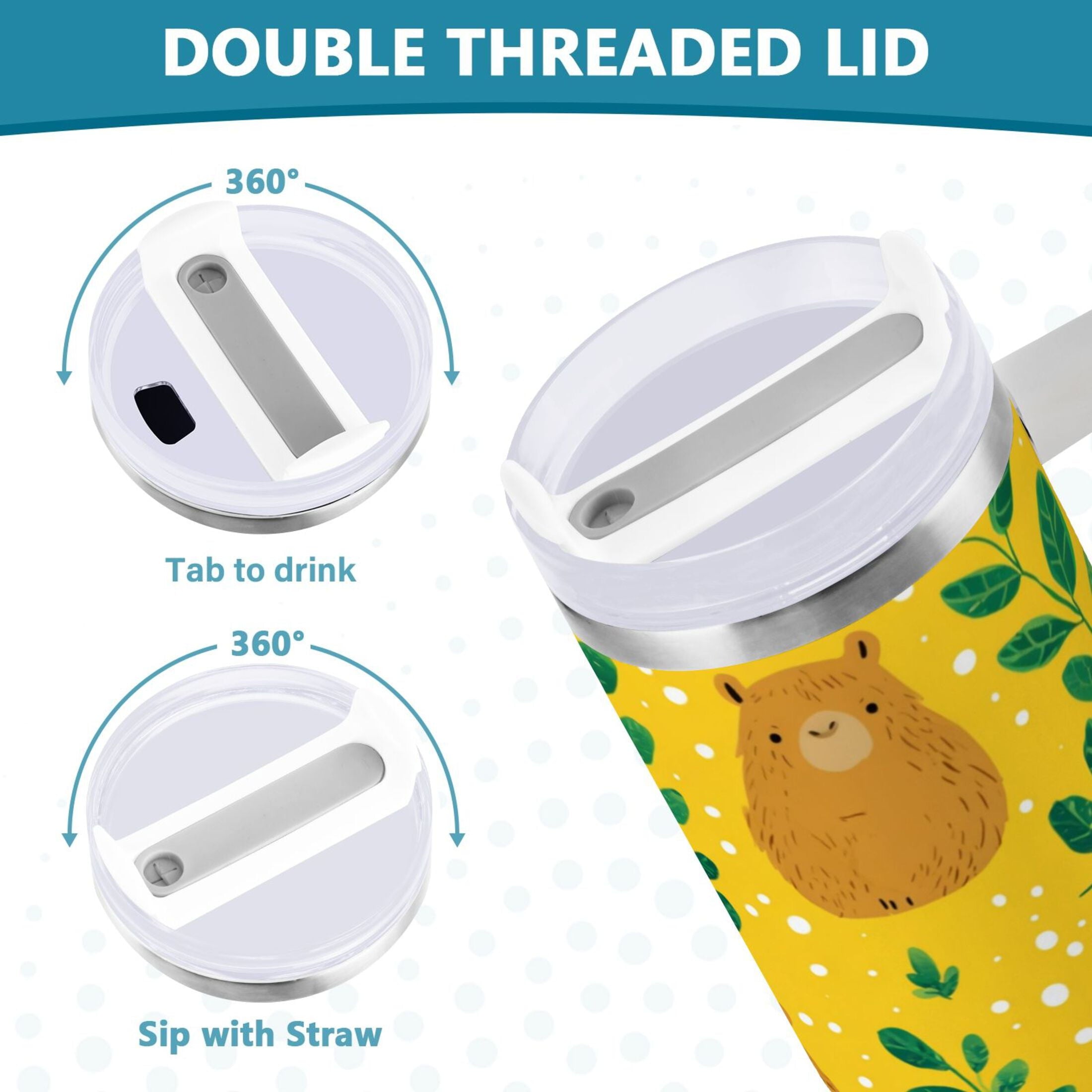 30 oz Insulated Stainless Steel Tumbler Double Wall Stainless Steel Tumbler with 2-Way Drinking Capybara and Green Leaves M658Z