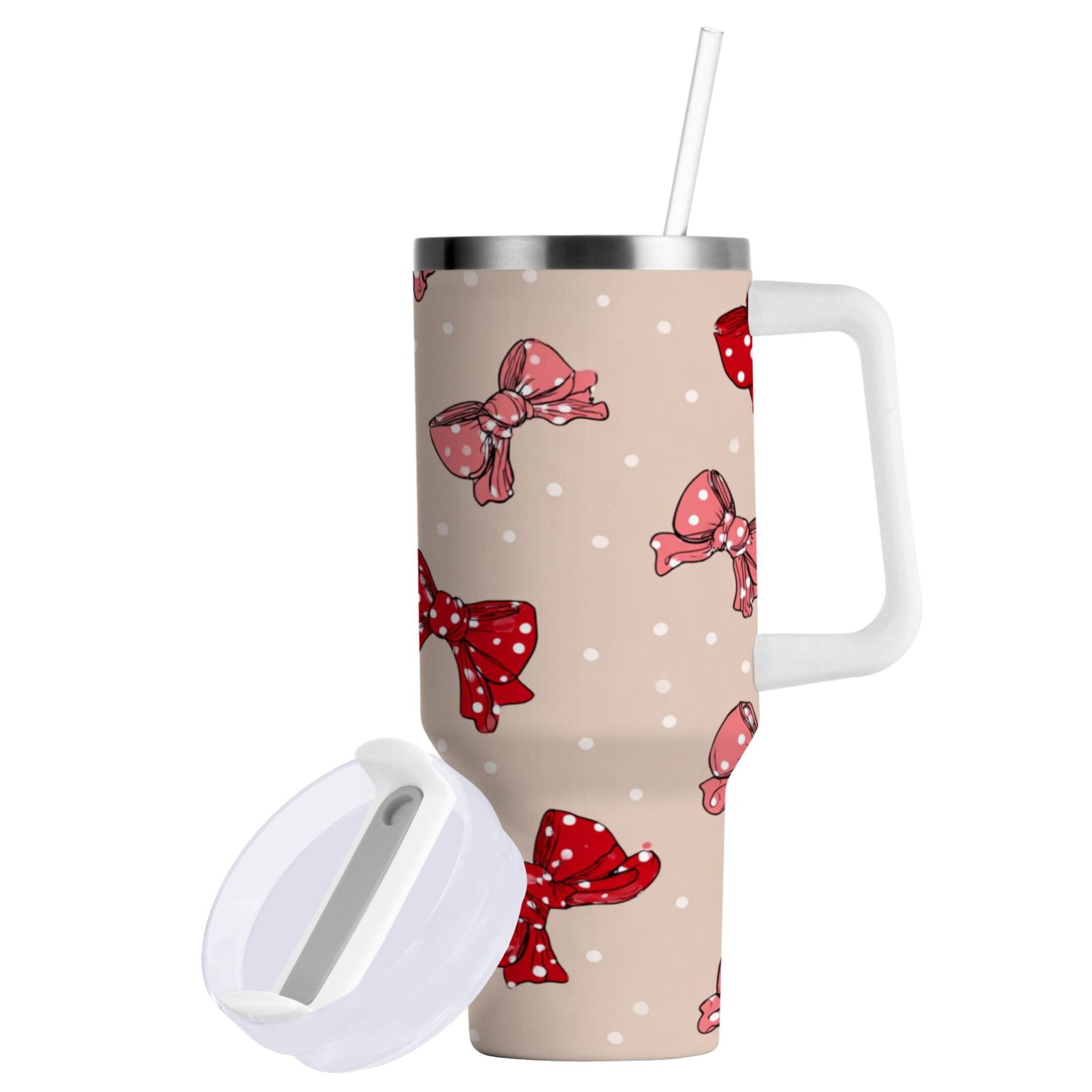 30 oz Insulated Stainless Steel Tumbler Double Wall Stainless Steel Tumbler with 2-Way Drinking Cute Red Bows Pattern M541Y
