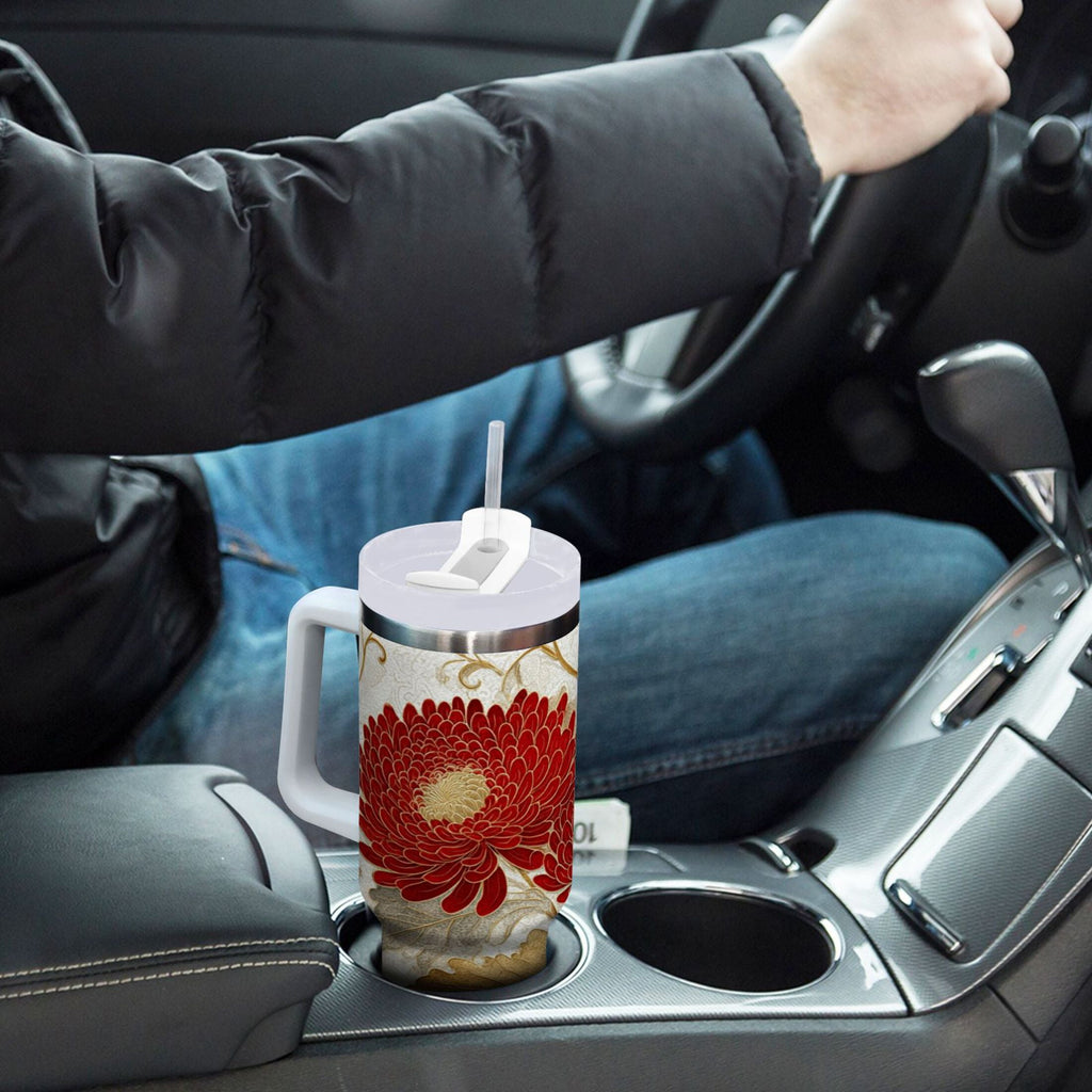 30 oz Insulated Stainless Steel Tumbler Double Wall Stainless Steel Tumbler with 2-Way Drinking Red Chrysanthemum Pattern M676A