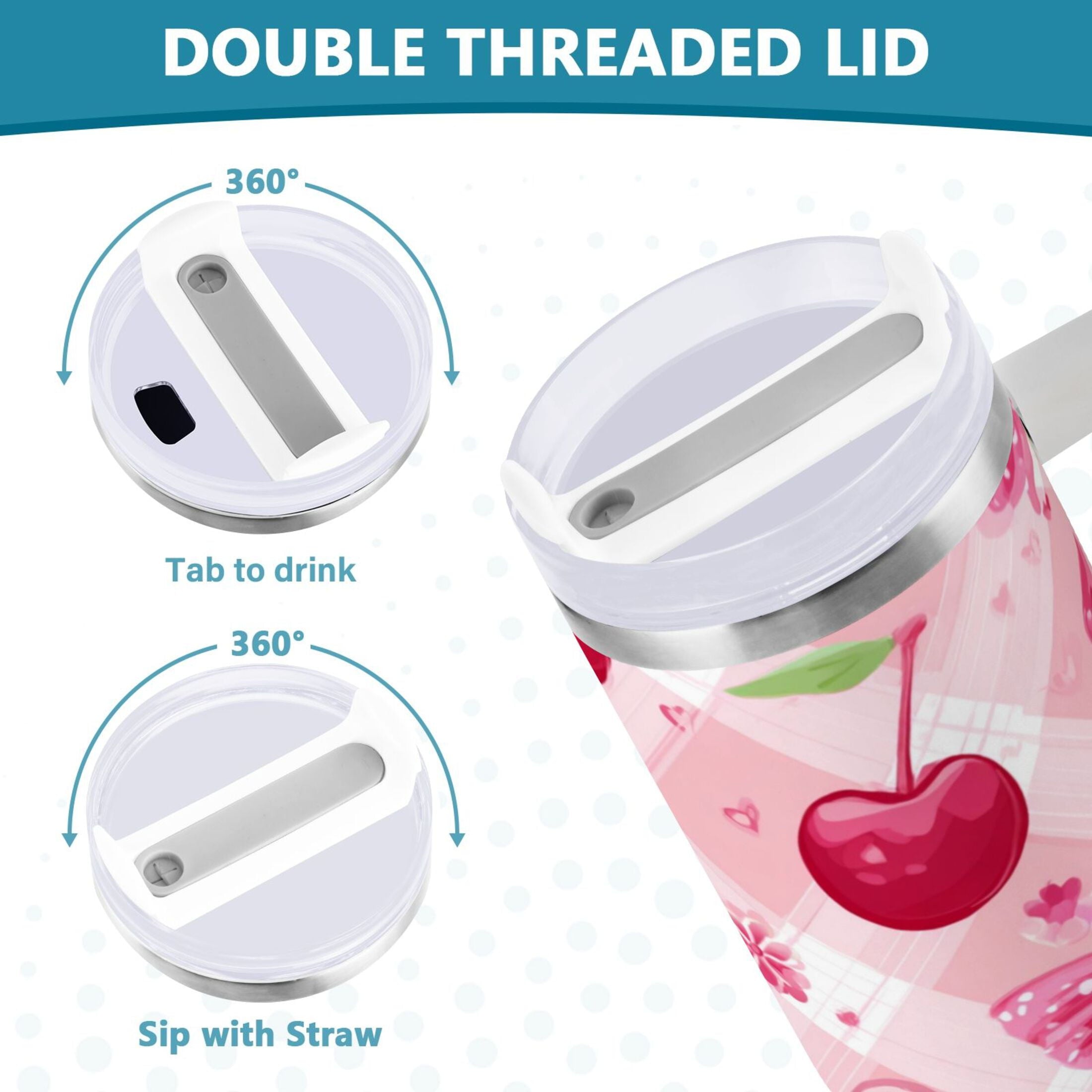 30 oz Insulated Stainless Steel Tumbler Double Wall Stainless Steel Tumbler with 2-Way Drinking Cherry and Pink Bow Pattern M617L