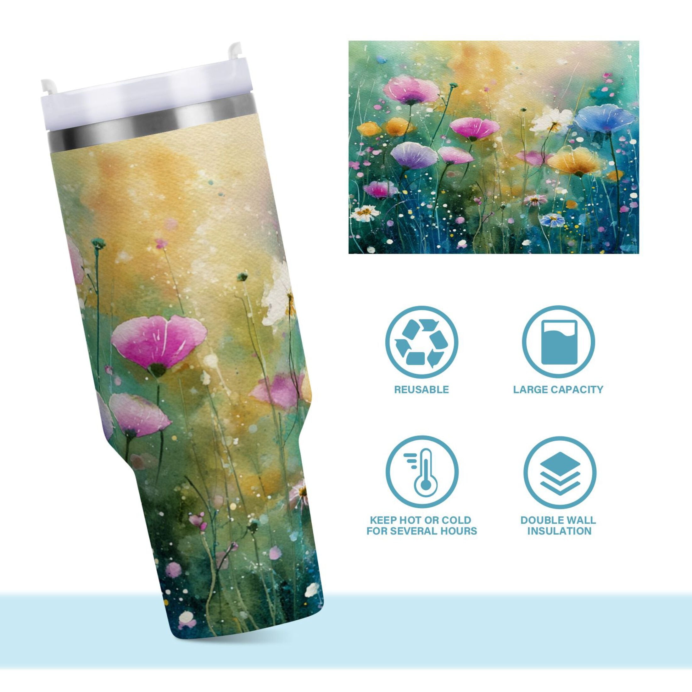 30 oz Insulated Stainless Steel Tumbler Double Wall Stainless Steel Tumbler with 2-Way Drinking Watercolor Wildflowers M563C