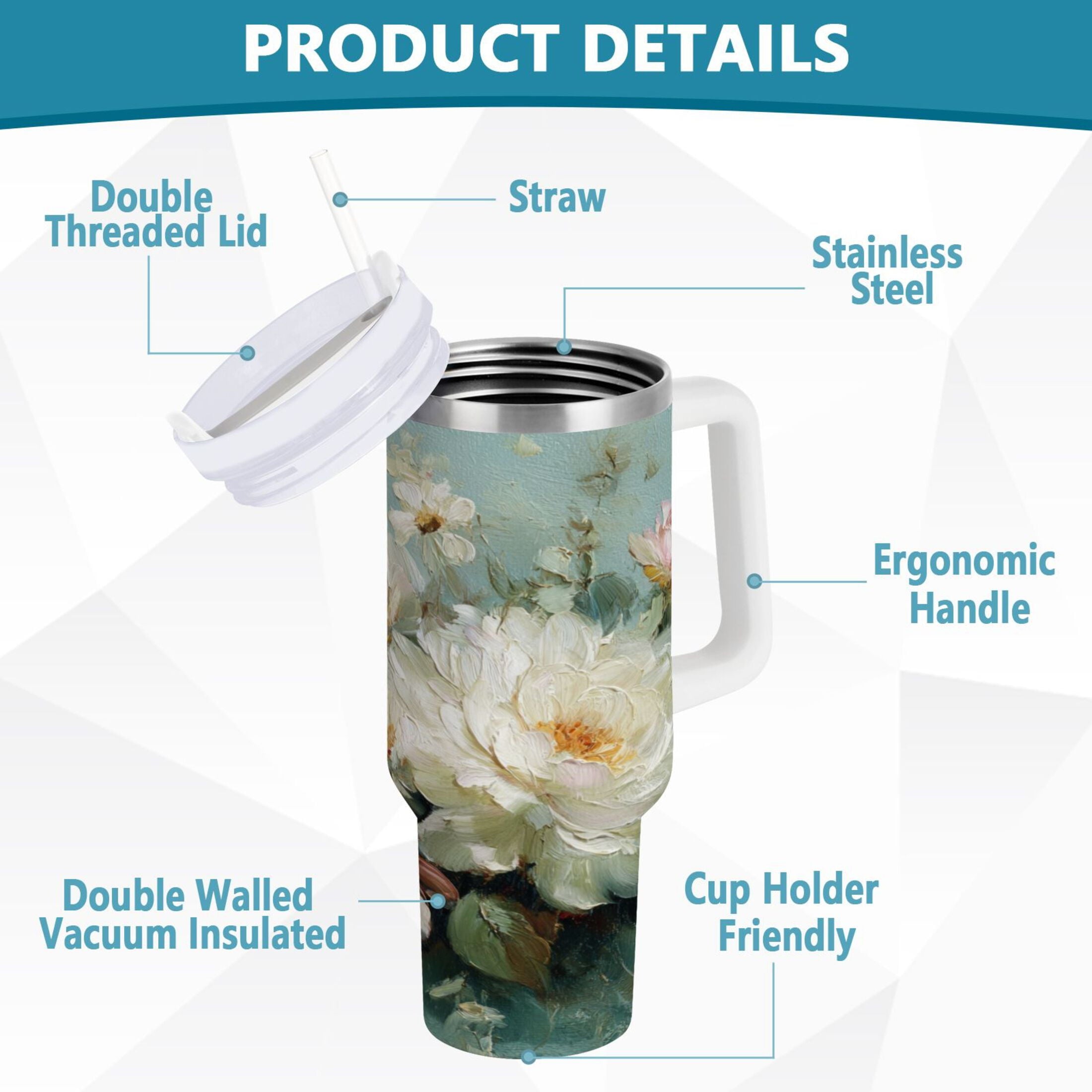40 oz Insulated Stainless Steel Tumbler Double Wall Stainless Steel Tumbler with 2-Way Drinking Vintage Peonies and Daisies M677X