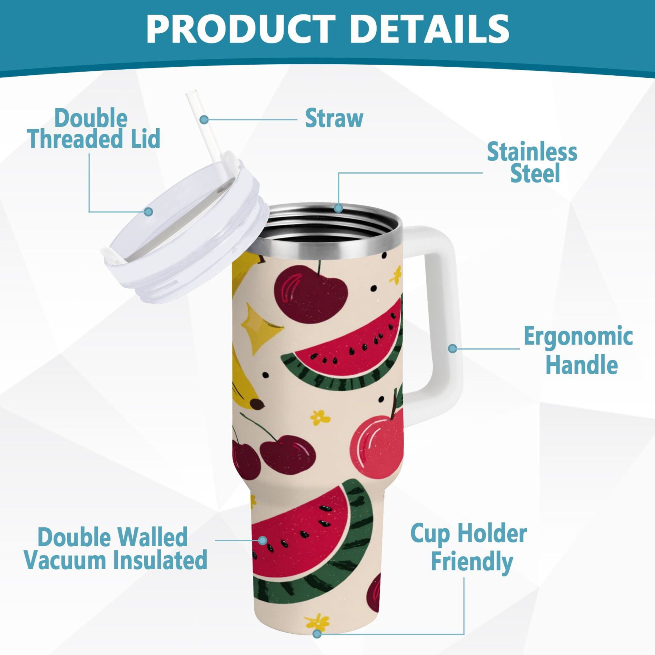 30 oz Insulated Stainless Steel Tumbler Double Wall Stainless Steel Tumbler with 2-Way Drinking Watermelon and Cherries M579U