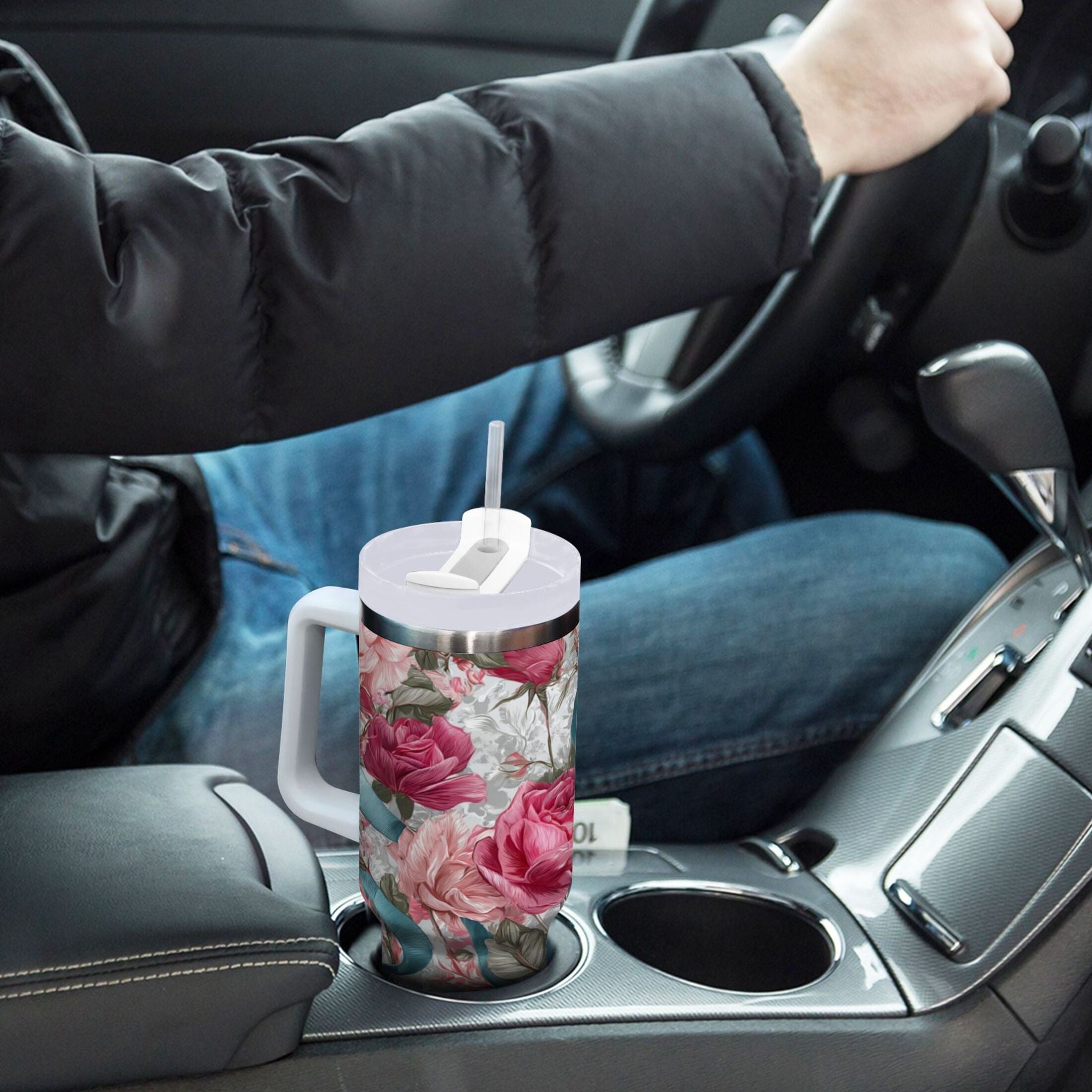 30 oz Insulated Stainless Steel Tumbler Double Wall Stainless Steel Tumbler with 2-Way Drinking Roses and Ribbons M675U