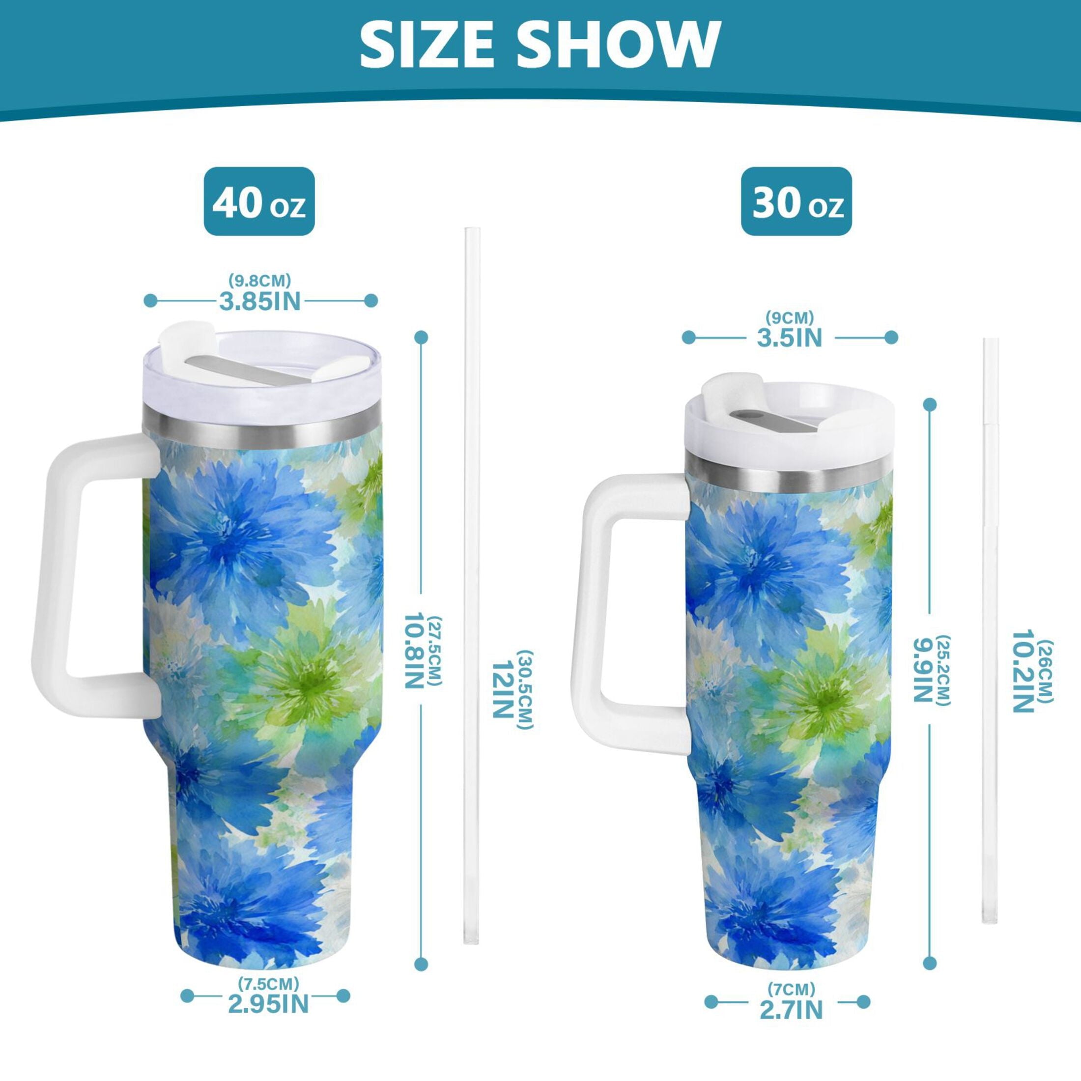 40 oz Insulated Stainless Steel Tumbler Double Wall Stainless Steel Tumbler with 2-Way Drinking Watercolor Blue Cornflowers M567D