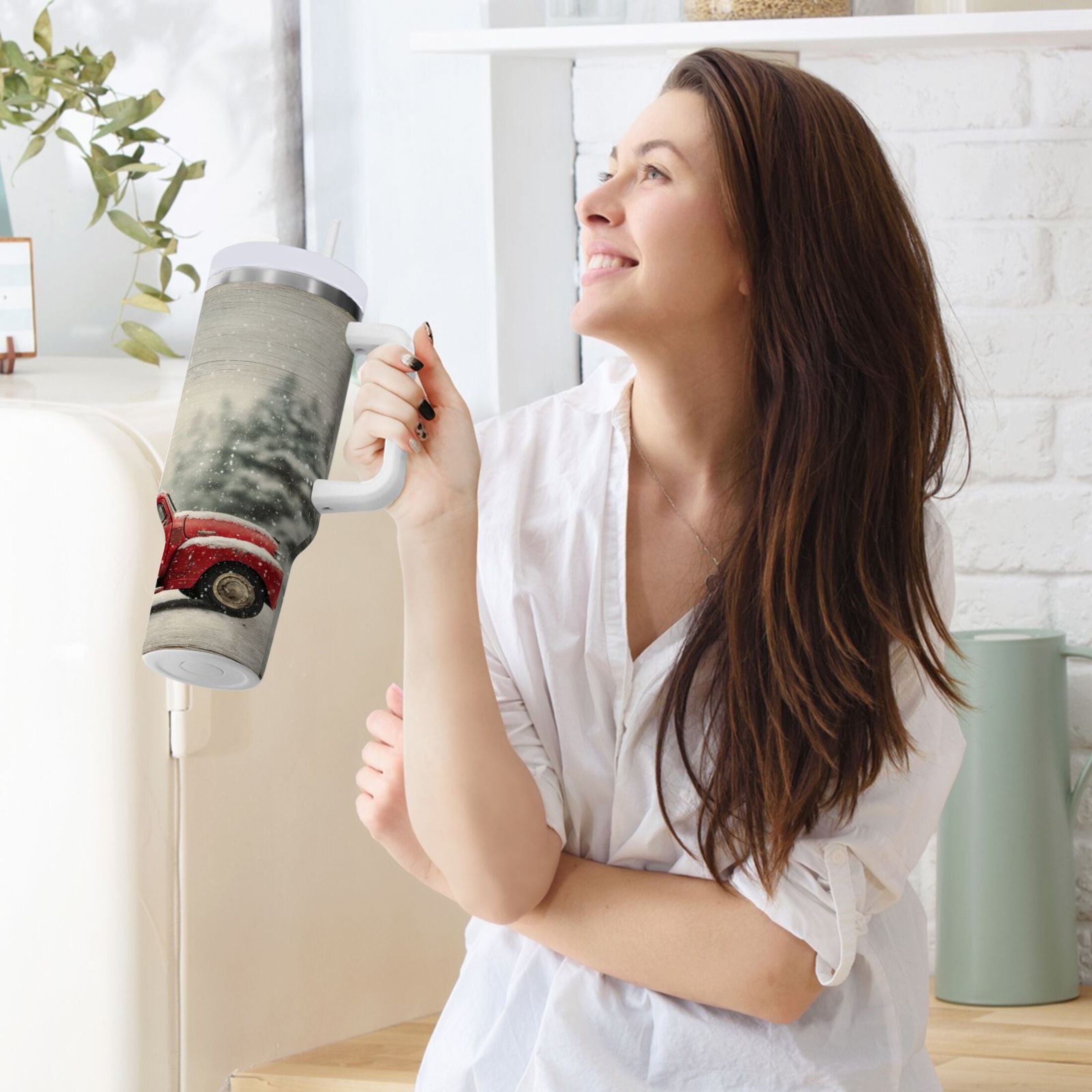 40 oz Insulated Stainless Steel Tumbler Double Wall Stainless Steel Tumbler with 2-Way Drinking Vintage Red Truck M631D