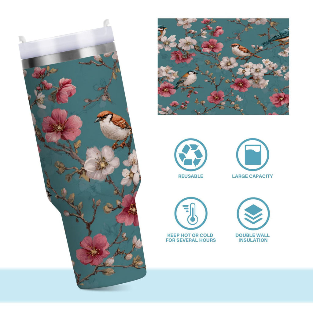 30 oz Insulated Stainless Steel Tumbler Double Wall Stainless Steel Tumbler with 2-Way Drinking Birds and Cherry Pattern M537H