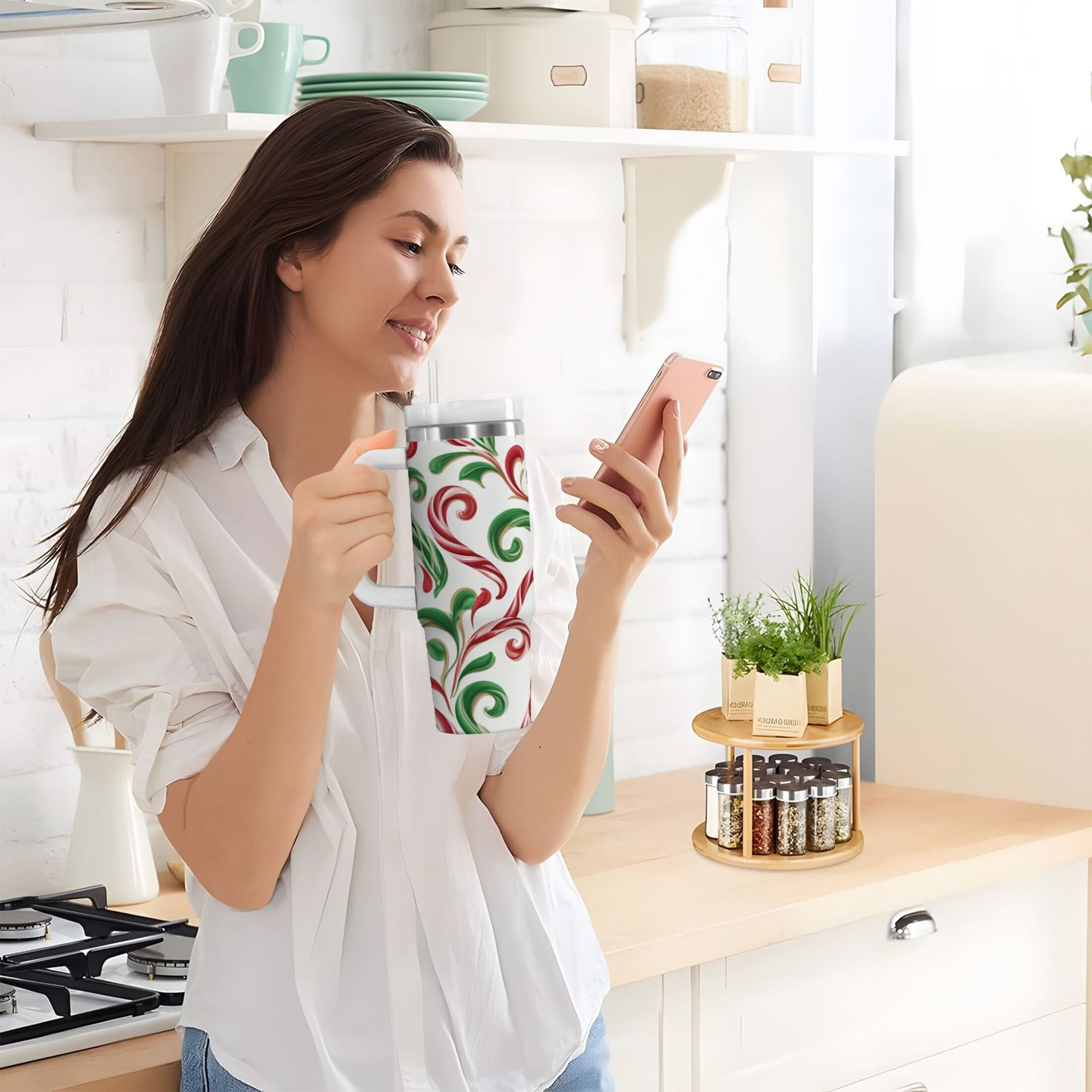 40 oz Insulated Stainless Steel Tumbler Double Wall Stainless Steel Tumbler with 2-Way Drinking Red and Green Candy-cane M573J