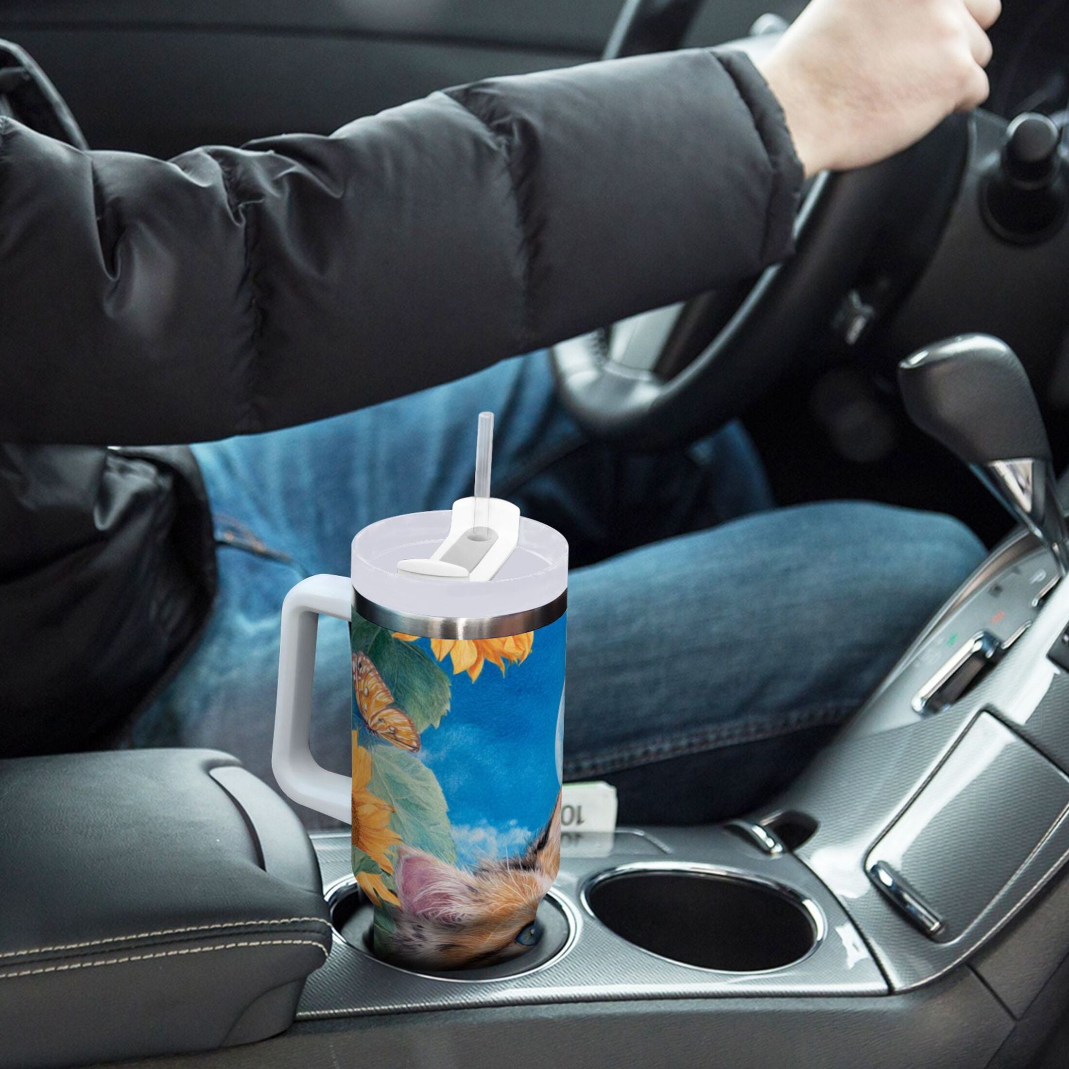 40 oz Insulated Stainless Steel Tumbler Double Wall Stainless Steel Tumbler with 2-Way Drinking Playful Cat Lying Sunflowers M549J