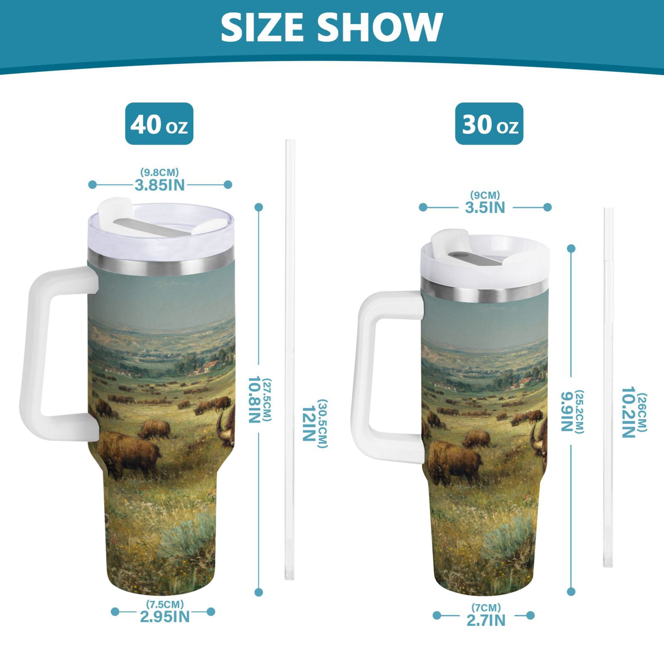 30 oz Insulated Stainless Steel Tumbler Double Wall Stainless Steel Tumbler with 2-Way Drinking Buffalo Herd Oil Painting M660T