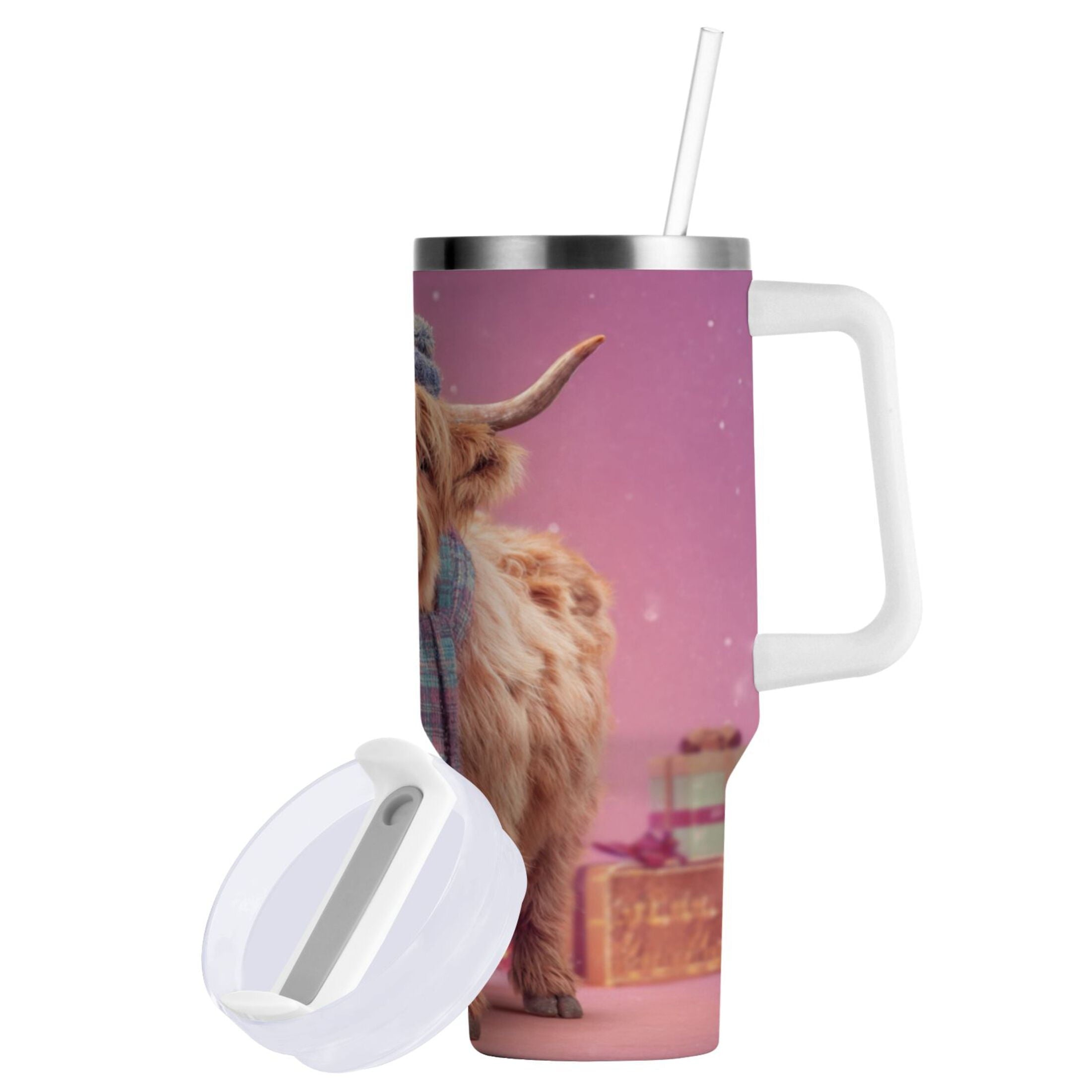 30 oz Insulated Stainless Steel Tumbler Double Wall Stainless Steel Tumbler with 2-Way Drinking Cow Wearing Christmas M626P