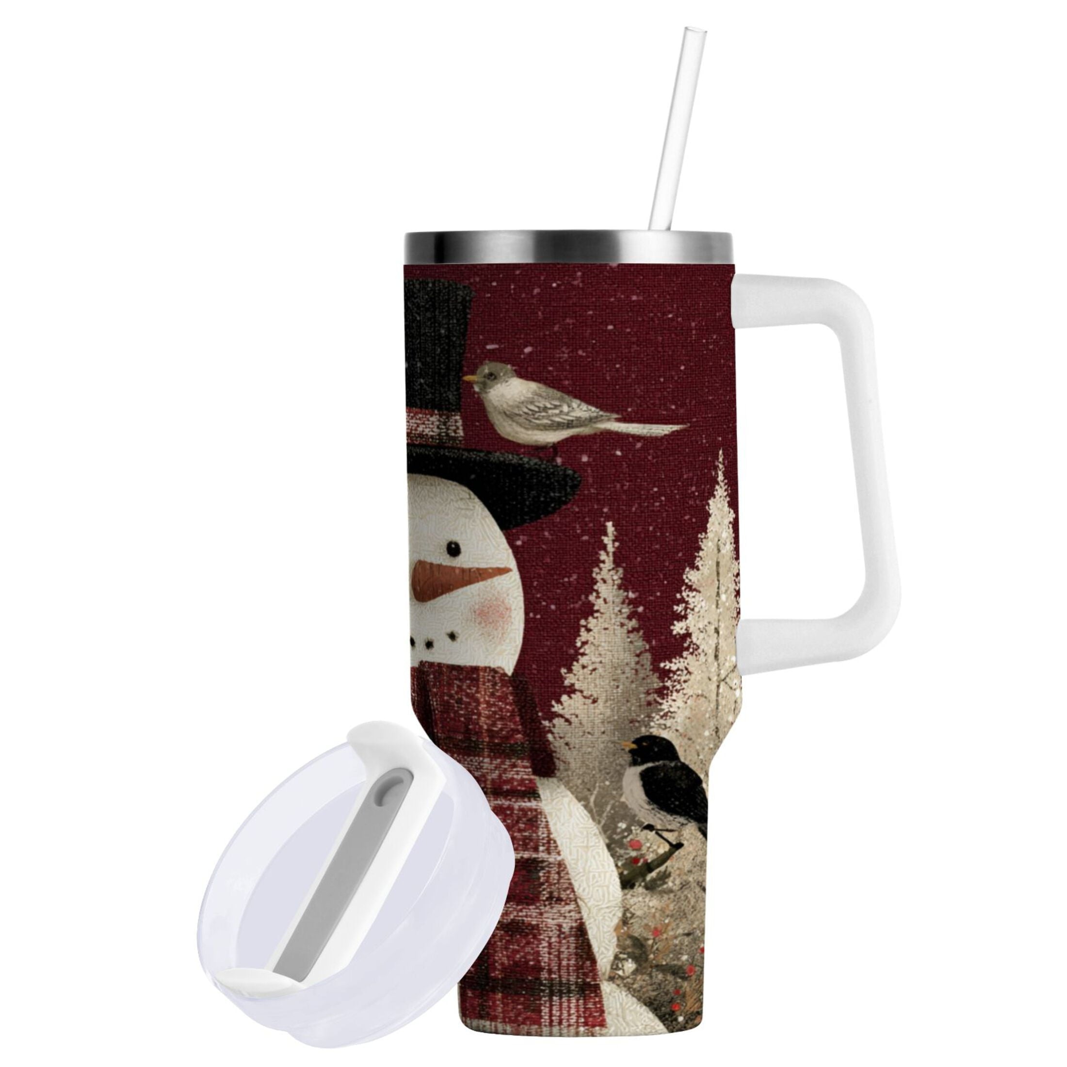 30 oz Insulated Stainless Steel Tumbler Double Wall Stainless Steel Tumbler with 2-Way Drinking Snowman and Birds M637R