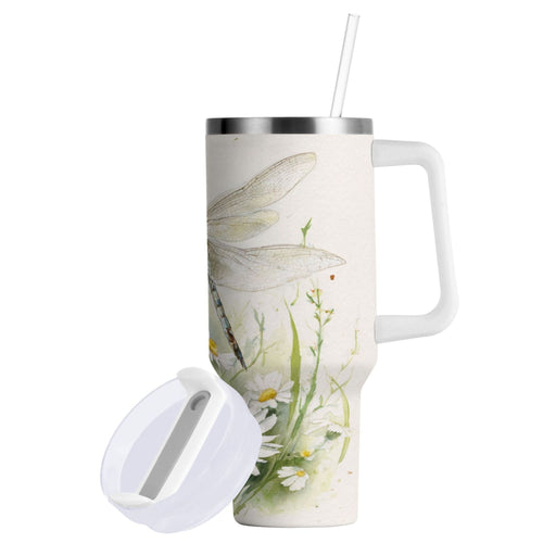 30 oz Insulated Stainless Steel Tumbler Double Wall Stainless Steel Tumbler with 2-Way Drinking Dragonflies with White Daisies M655U