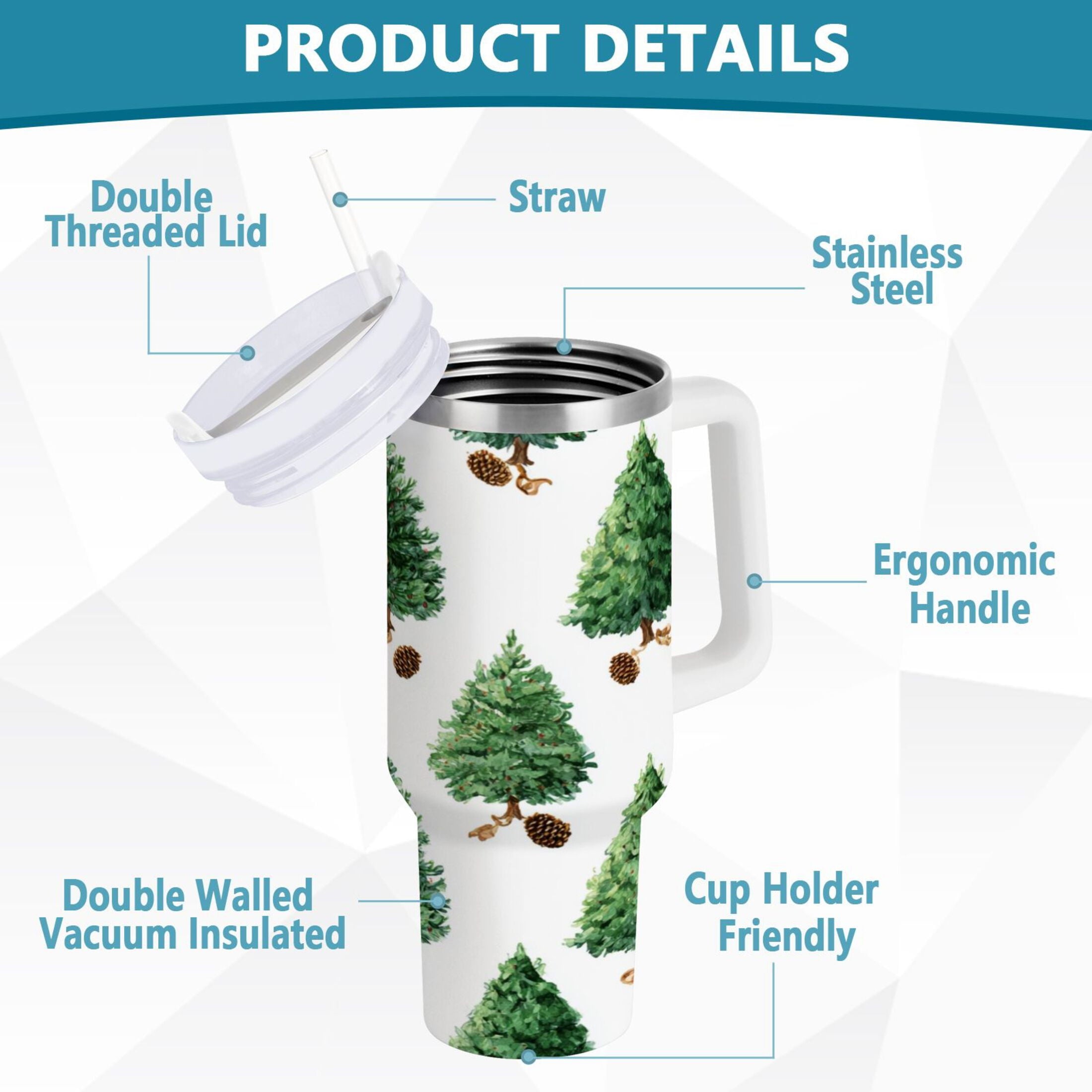 30 oz Insulated Stainless Steel Tumbler Double Wall Stainless Steel Tumbler with 2-Way Drinking Watercolor Green Christmas Tree M533W