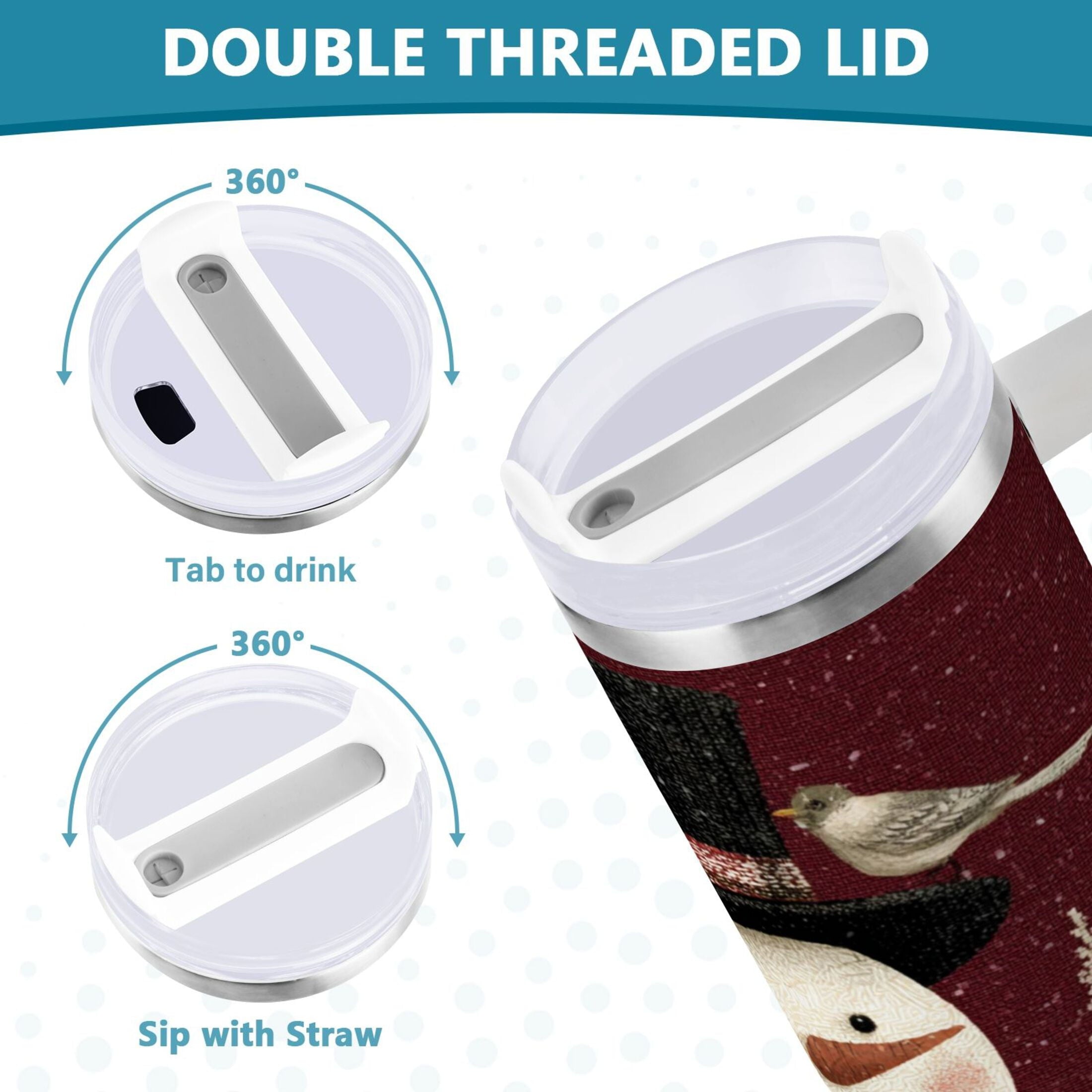 30 oz Insulated Stainless Steel Tumbler Double Wall Stainless Steel Tumbler with 2-Way Drinking Snowman and Birds M637R