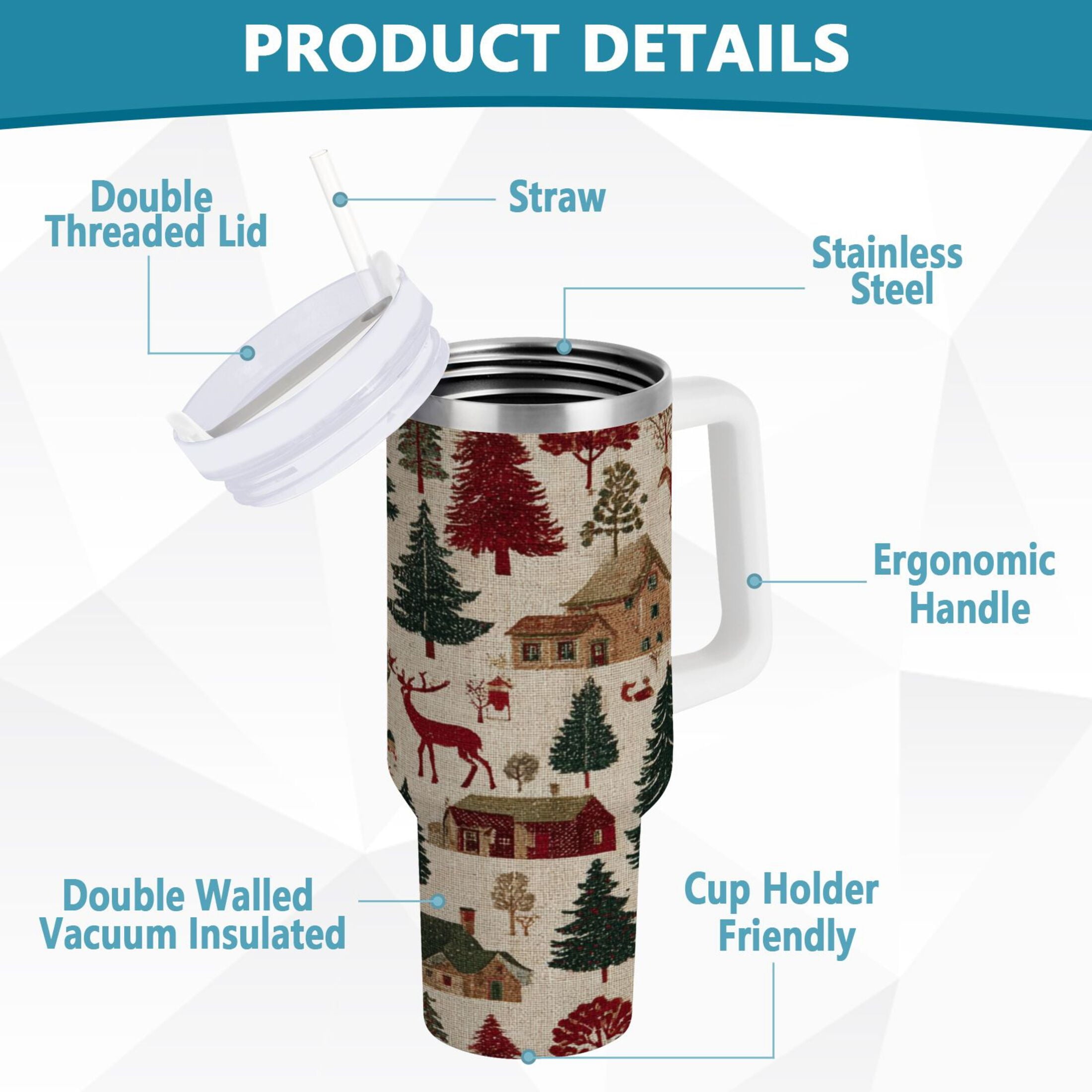 30 oz Insulated Stainless Steel Tumbler Double Wall Stainless Steel Tumbler with 2-Way Drinking Christmas Trees Deer and Houses M577Y
