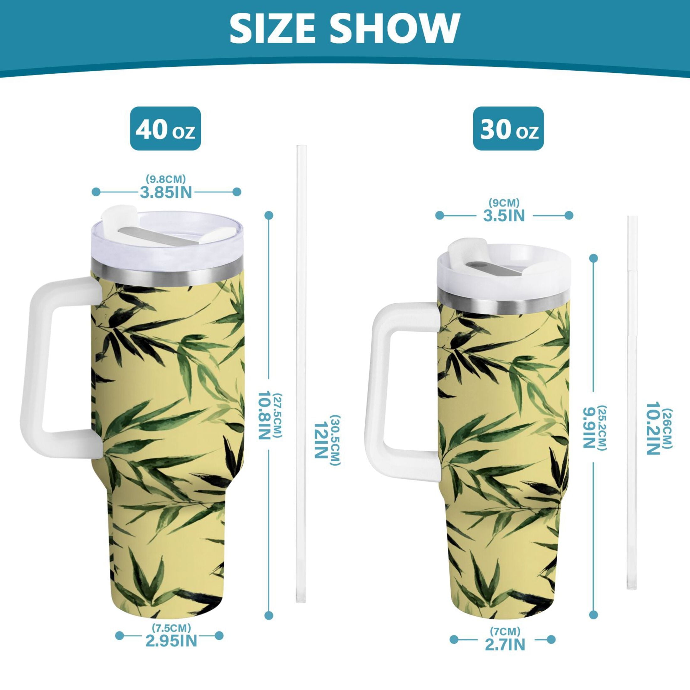 30 oz Insulated Stainless Steel Tumbler Double Wall Stainless Steel Tumbler with 2-Way Drinking Bamboo and Green Leaves M633Z