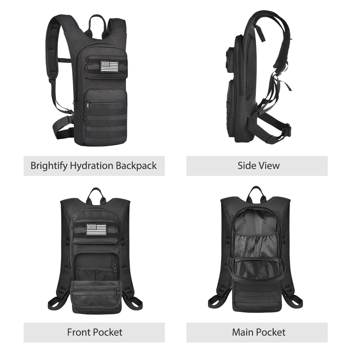 Brightify 17L Hydration Backpack with 3L TPU Water Bladder, Camel Backpack Hydration Pack for Hiking Hunting Climbing Cycling Biking Running, Molle Compatible Water Backpack for Men Women, Black M381X